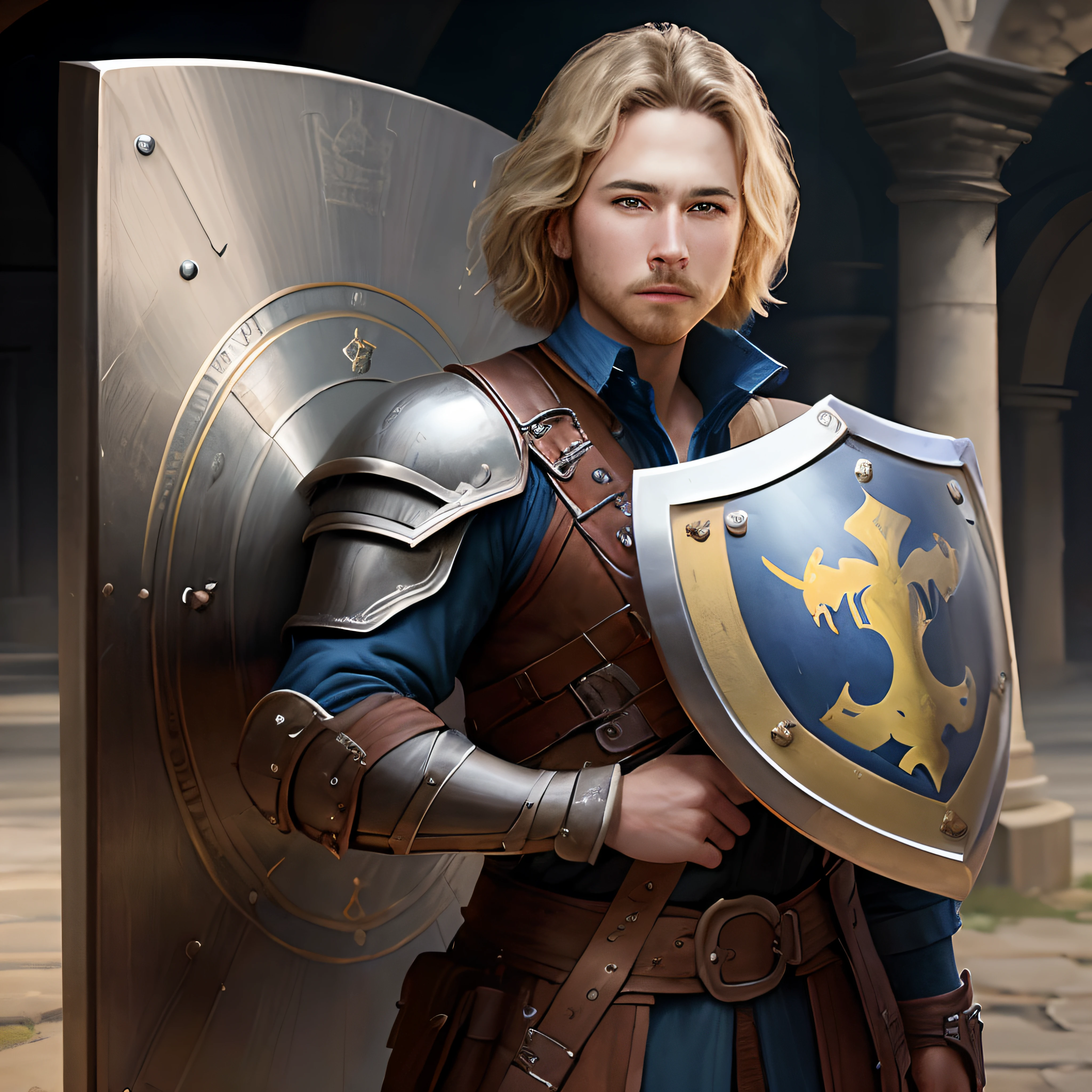 Style= realistic
A shield with
Yellow, blue
In the shield a quote “TP”
In front shield two swords