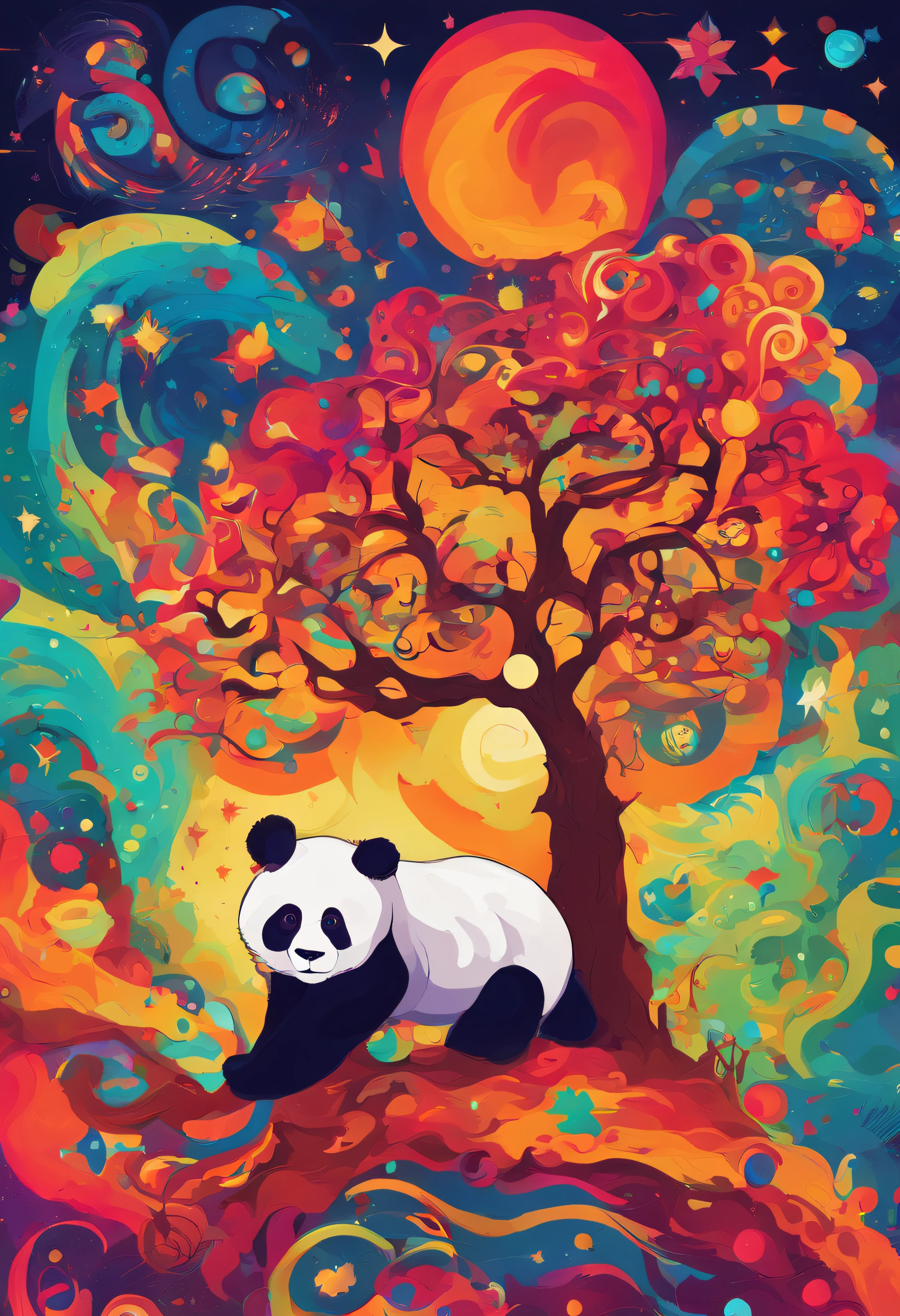 cielo estrellado con nubes arboles luna de colores calidos con un oso panda rojo marron de protagonista