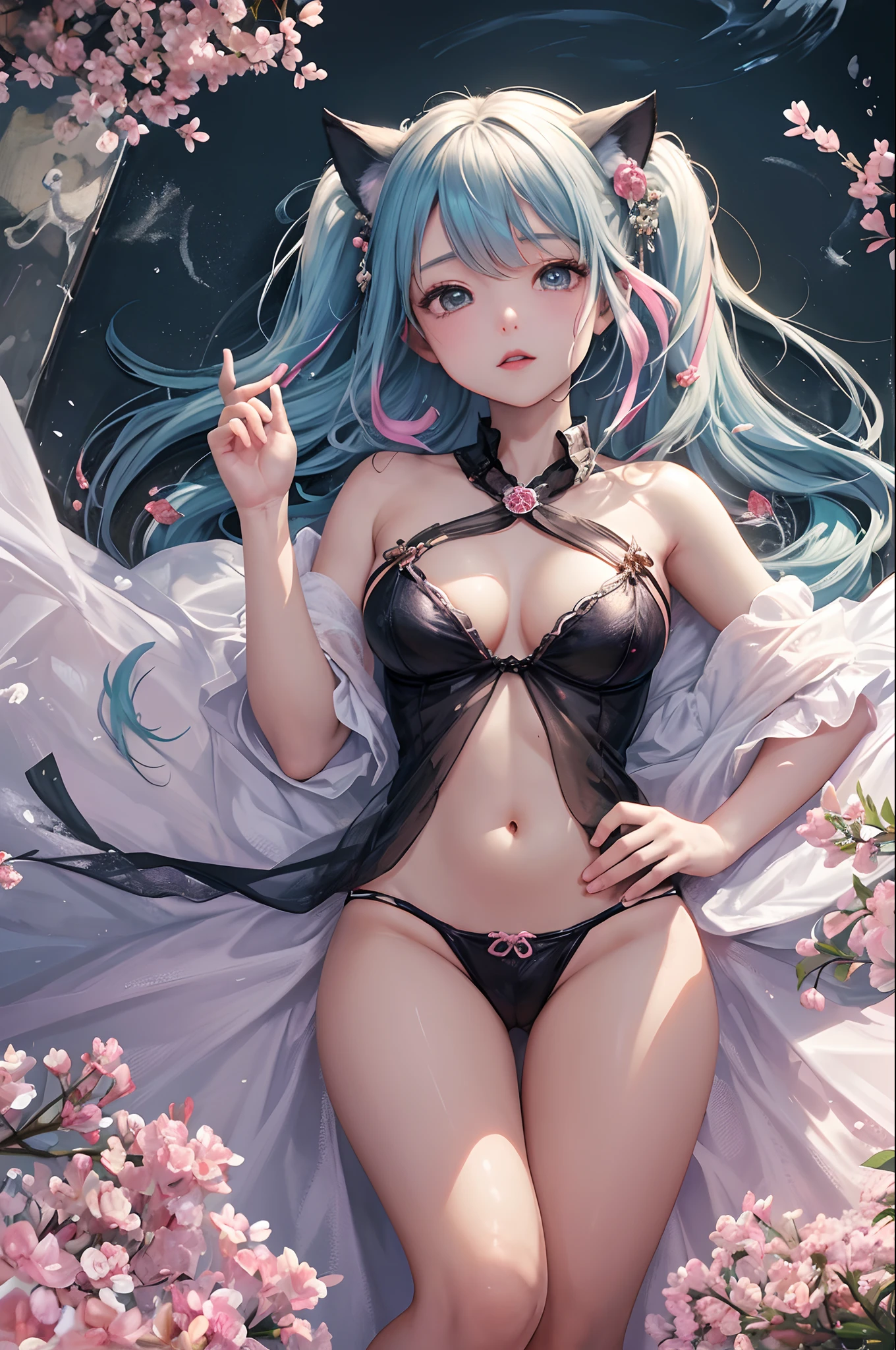 (masterpiece、top-quality、Official art:1.2)、(colourfull)、miku hatsune、see the beholder、1girl in、portlate、独奏、Colorful water levitation、Lying girl、realisticlying、Wearing pink pajamas、Cute、A sexy、a navel、accessorized、Correct anatomy、细致背景、hair adornments、Cat's ears、