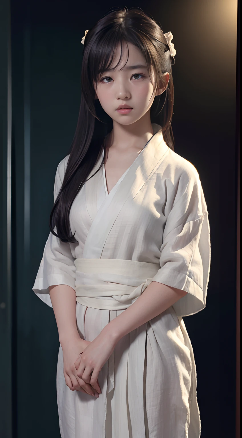 ((Best quality, 8K, Masterpiece :1.3)), Sharp focus:1.2 , Photorealsitic,(Cinematic lighting),Facial detail texture. Eye details. Double eyelids, Slender body. Super small breasts, -yeld gi photo-realistic:1.37,Perfect eyes, ((1 girl in a white yukata)),(white sash),(Thick fabric),((Ragged linen)),With a petite figure,brunette color hair,Long hair draped loosely,Qi bangs,Stand in the cold, Standing posture,Prison of terror,Torture room,A large number of torture instruments,Full body like,Hands tied behind your back,Clothing covers the whole body,folds,((solid color backdrop)),is shy,Be red in the face,weeping,streaming tears