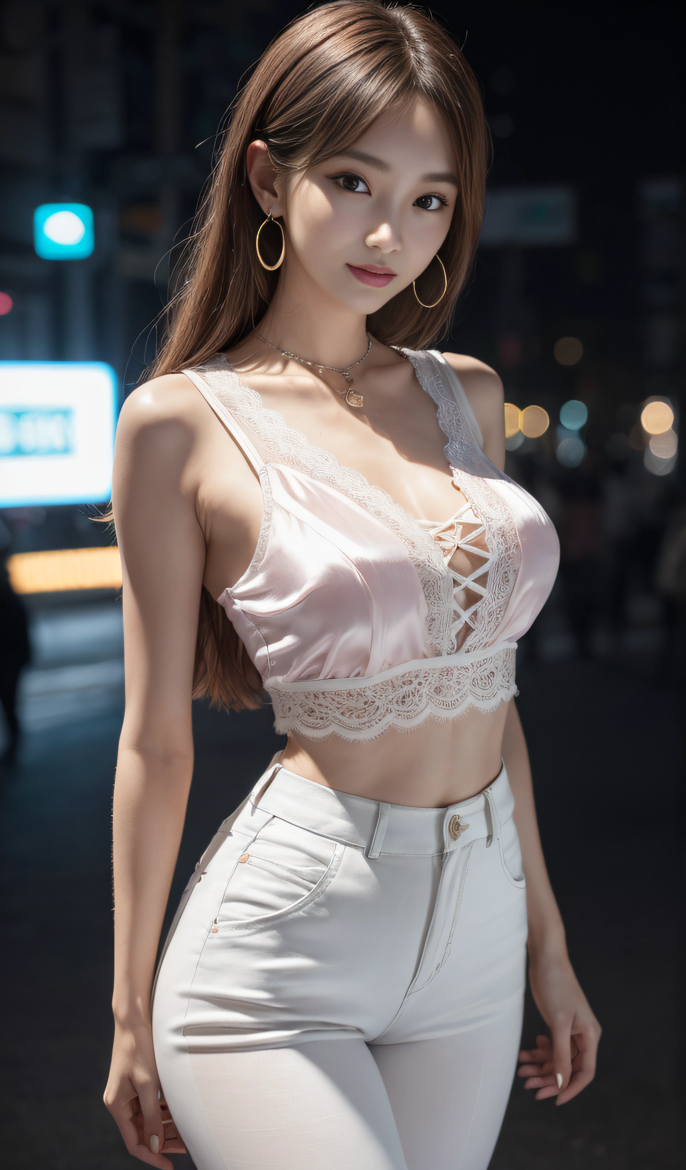 8K, Masterpiece, RAW photo, Best quality, Photorealistic, Extremely detailed CG unifies 8K, 8K, Diamond, and Wallpaper, Depth of field, Cinematic light, Lens flare, Ray tracing, (Extremely beautiful face, Beautiful lips, Beautiful eyes), intricate detail face, ((ultra detailed skin)) 1girll, In the dark, deepshadow, Pretty Korean girl, Kpop idol, 1 girl, (Very slim and slender muscular body:1.3), （huge tit：1.0），Narrow waist、（Wide buttock），S-shaped body，Upturned buttocks，((view the viewer)),(Big smile:1.3), (Fashion night, Dark night, (neon lights sign), (Blurred background), Fashion Street Night),(No one is in the background:1.3), Beautiful earrings, bangle, necklace, Pantyhose, Clear eyes, (Pale skin), (Big eyes), Face forward, ((upperbody shots)),(Tight lace-up blouse), (Pink shirt), (Sleeveless) , ((Silk white trousers:1.3)),(brown hairs),((Skinny silk pants)), ，Narrow waist、（Wide buttock），（big assa），S-shaped body，Upturned buttocks，(view the viewer:1.3) open breast, Very slim, Medium breasts, Turn Back, Back shot, , underwear