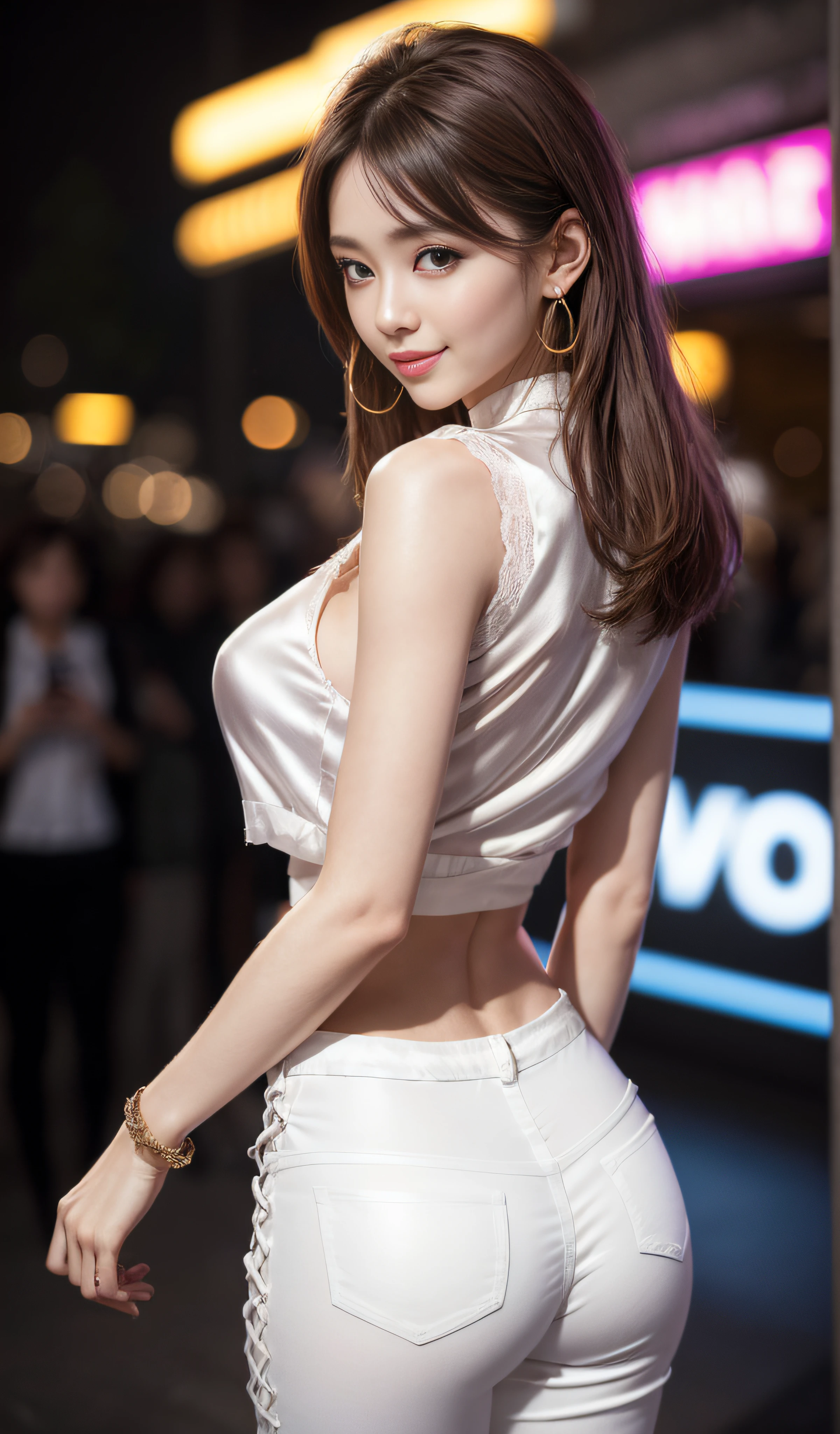 8K, Masterpiece, RAW photo, Best quality, Photorealistic, Extremely detailed CG unifies 8K, 8K, Diamond, and Wallpaper, Depth of field, Cinematic light, Lens flare, Ray tracing, (Extremely beautiful face, Beautiful lips, Beautiful eyes), intricate detail face, ((ultra detailed skin)) 1girll, In the dark, deepshadow, Pretty Korean girl, Kpop idol, 1 girl, (Very slim and slender muscular body:1.3), （huge tit：1.0），Narrow waist、（Wide buttock），S-shaped body，Upturned buttocks，((view the viewer)),(Big smile:1.3), (Fashion night, Dark night, (neon lights sign), (Blurred background), Fashion Street Night),(No one is in the background:1.3), Beautiful earrings, bangle, necklace, Pantyhose, Clear eyes, (Pale skin), (Big eyes), Face forward, ((upperbody shots)),(Tight lace-up blouse), (Pink shirt), (Sleeveless) , ((Silk white trousers:1.3)),(brown hairs),((Skinny silk pants)), ，Narrow waist、（Wide buttock），（big assa），S-shaped body，Upturned buttocks，(view the viewer:1.3) open breast, Very slim, Medium breasts, Turn Back, Back shot, , underwear