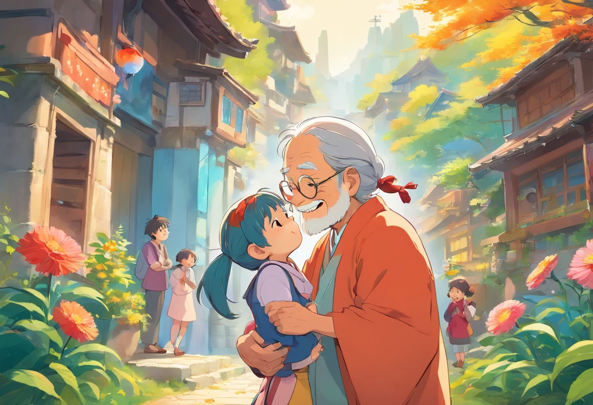 Chongyang Festival Respect for the Elderly,grampa,daddy,Mom and child laugh together,Cartoon picture Normal background, A beautiful artwork illustration, Colorful illustration, colorful kids book illustration, Colorful illustrations, archan nair, painting illustration, fairy-tale illustration style, editorial illustration colorful, colorful concept art, dreamlike illustration, Colorful! Character design, Wonderful illustrations, illustrated in whimsical style, Exquisite digital illustration
