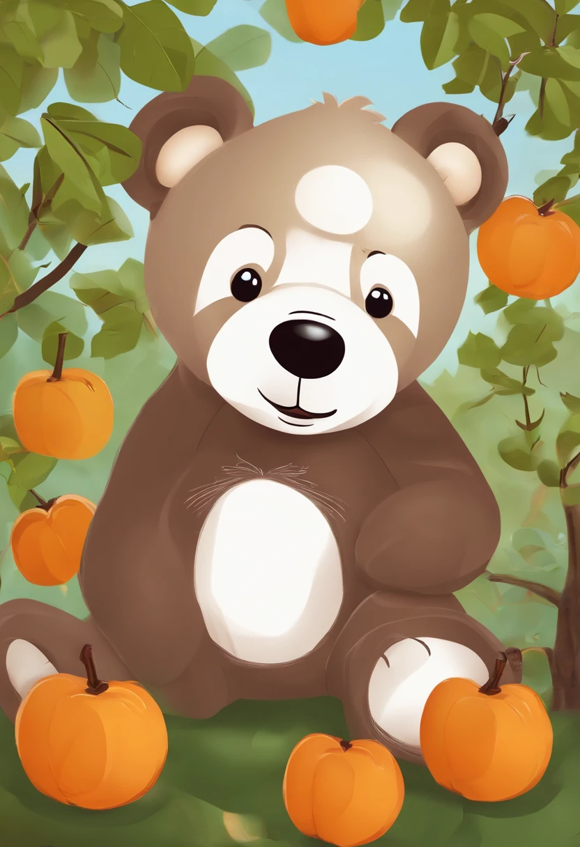 8K,tmasterpiece,high qulity,Cartoon bear,stickfigure,lineworks,illustration,Q version,Under the tree,Sit and eat persimmons