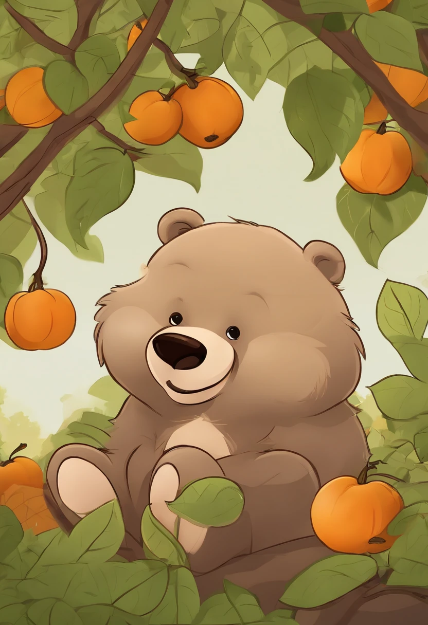 8K，tmasterpiece，high qulity，Cartoon bear，stickfigure，lineworks，illustration，Q version，Under the tree，Sit and eat persimmons