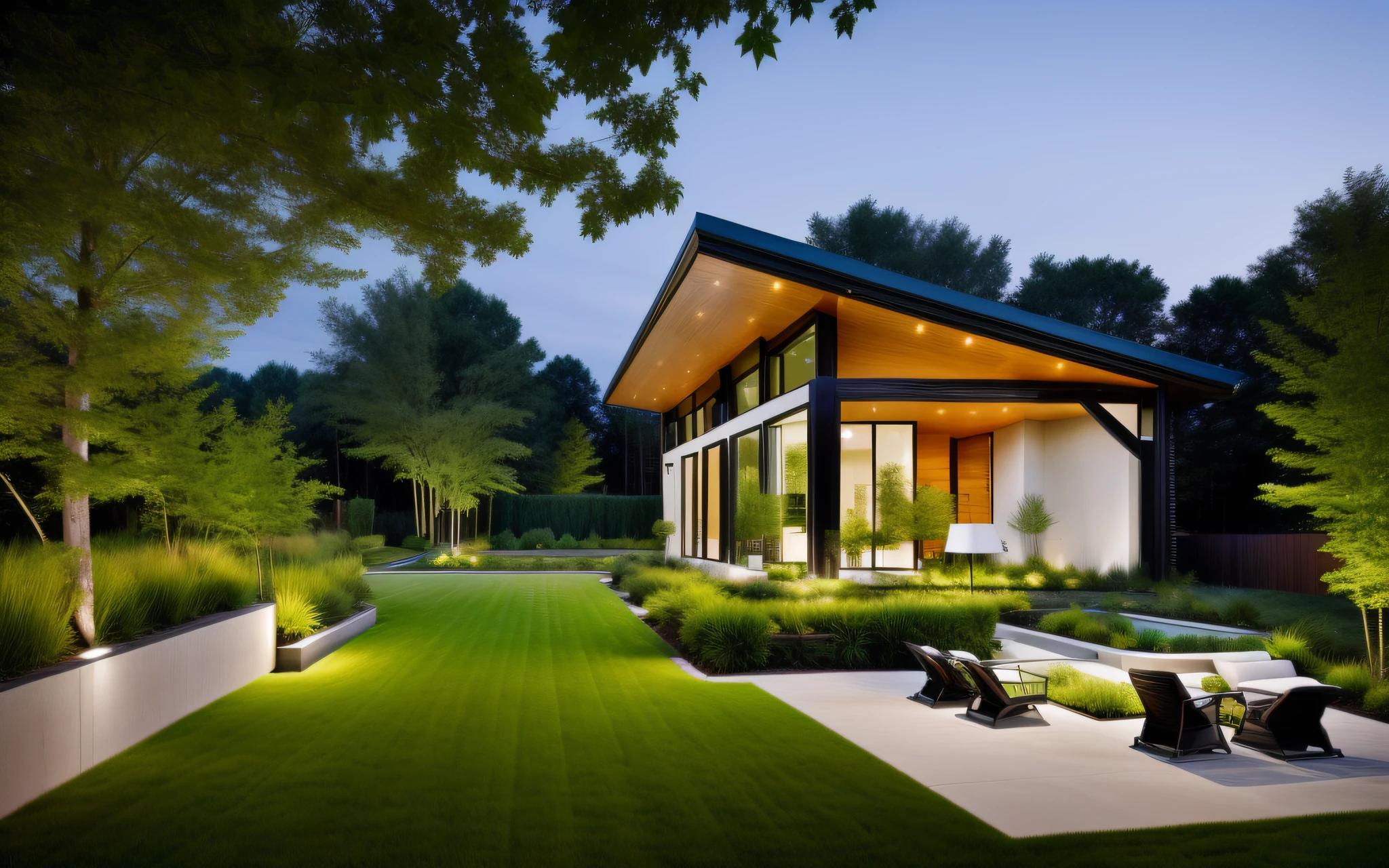 A modern-style house with abundant green landscaping