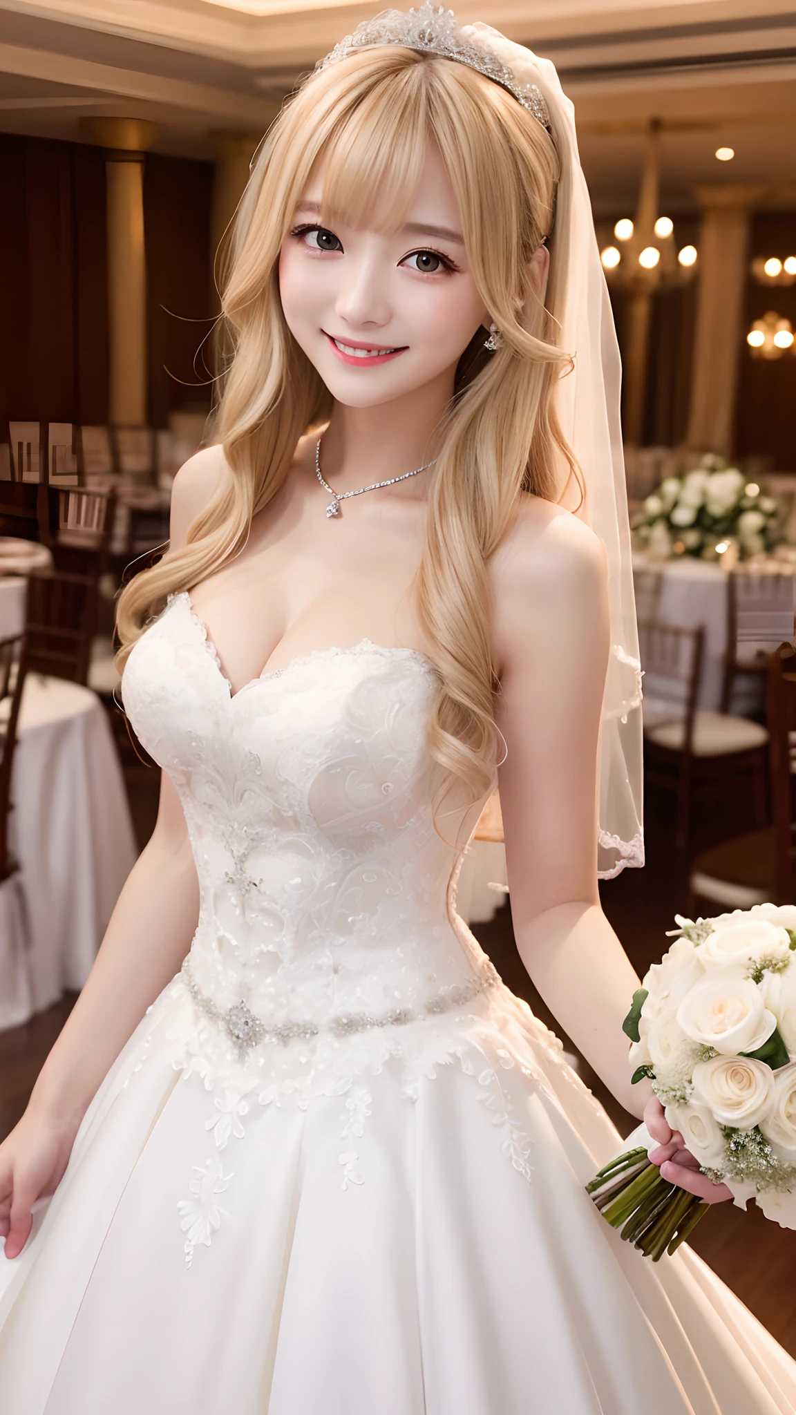 4K、top-quality、masutepiece、20 year old woman、a blond、With bangs、Straight long hair、((wedding dress))、wedding hall、Smiling at the camera
