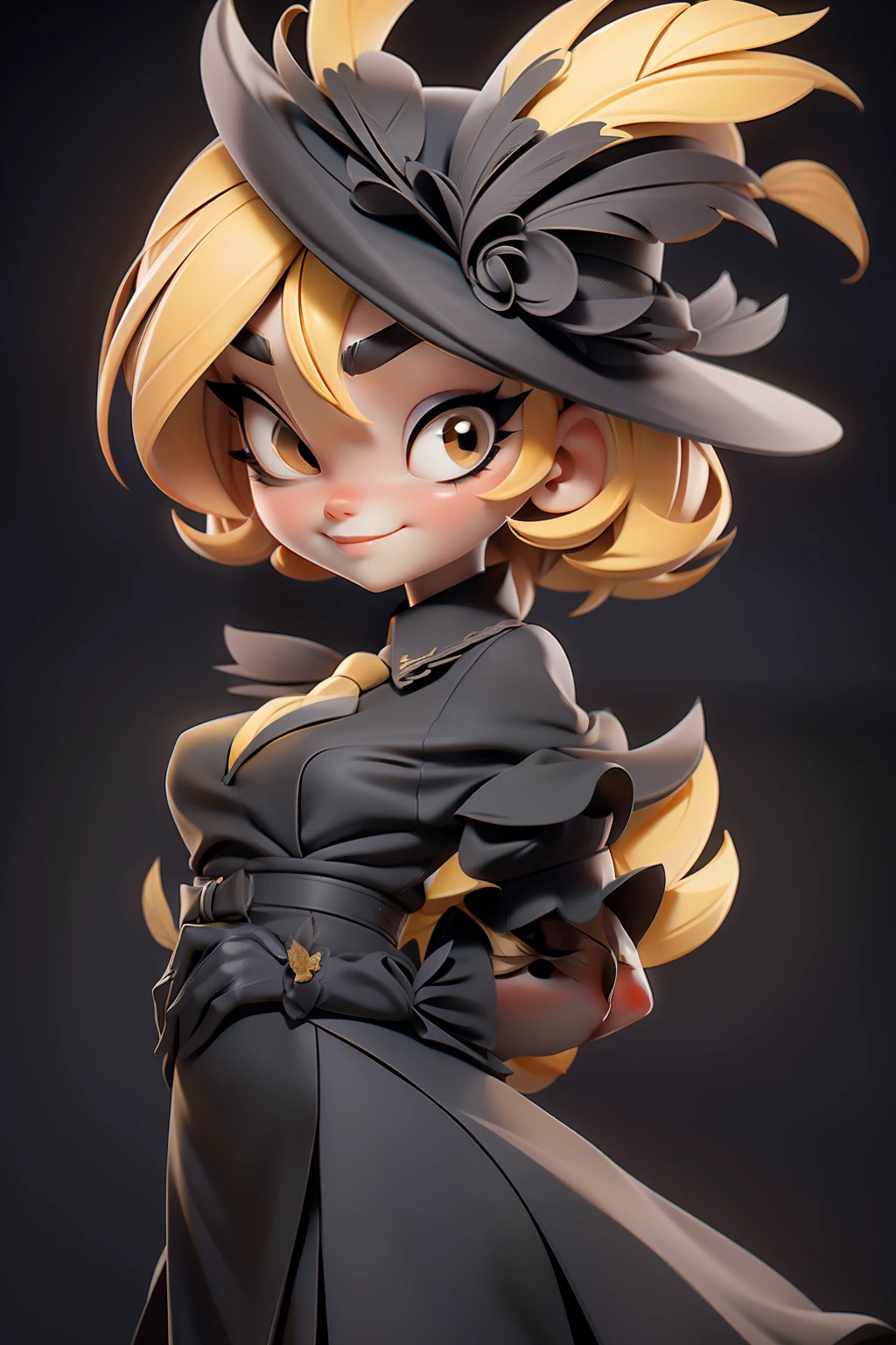 girl with short yellow blond hair,fine tall lady, black gloves, black long dress(paris style), hat with feathers, red necktie, cute pretty face with wide eye, france background