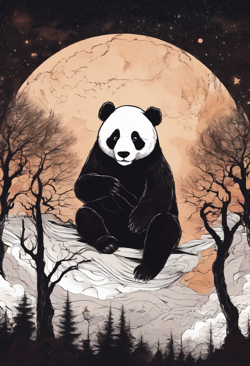 Starry sky with clouds and trees Warm colored moon with reddish-brown panda bear as the main character