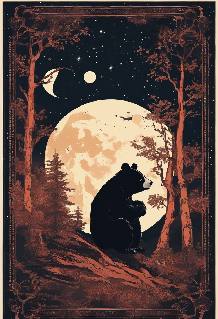 Starry sky with clouds and trees Warm colored moon with reddish-brown panda bear as the main character