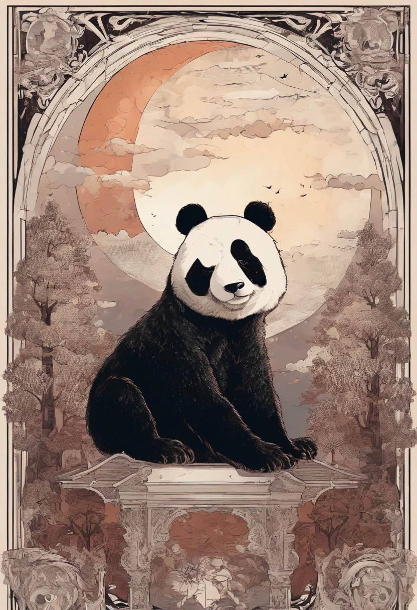 Starry sky with clouds and trees Warm colored moon with reddish-brown panda bear as the main character