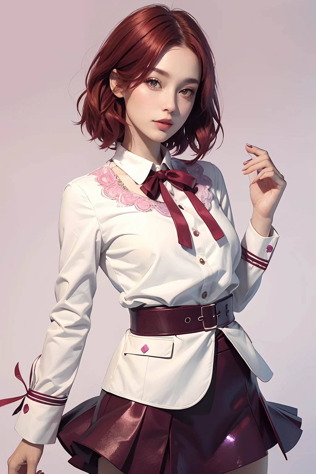 A beautiful woman, 32 years old, Short red hair, shimmering brown eyes, with , with a purple and pink blaser, Skirt, and white background, Intricate details,