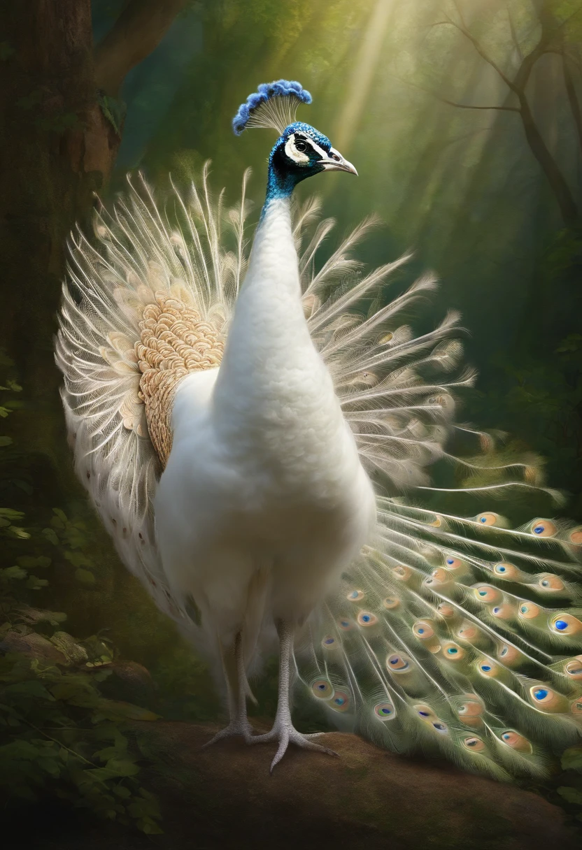 best quality, a stunning artwork of a beautiful white peacock, intricately detailed, (best shadow), elegant, volumetric lighting