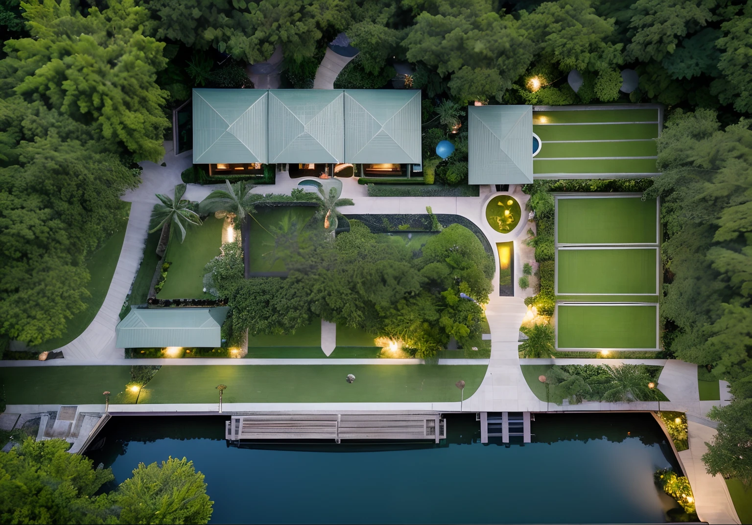 RAW photo, real, best quality, view from above looking down, green planning, overall project perspective, 60% green tree density, tropical architecture, winding walkway along the park, green park, 
beautiful lake park, located around people's houses, scale, very very very high details, beautiful nightsky, real sky