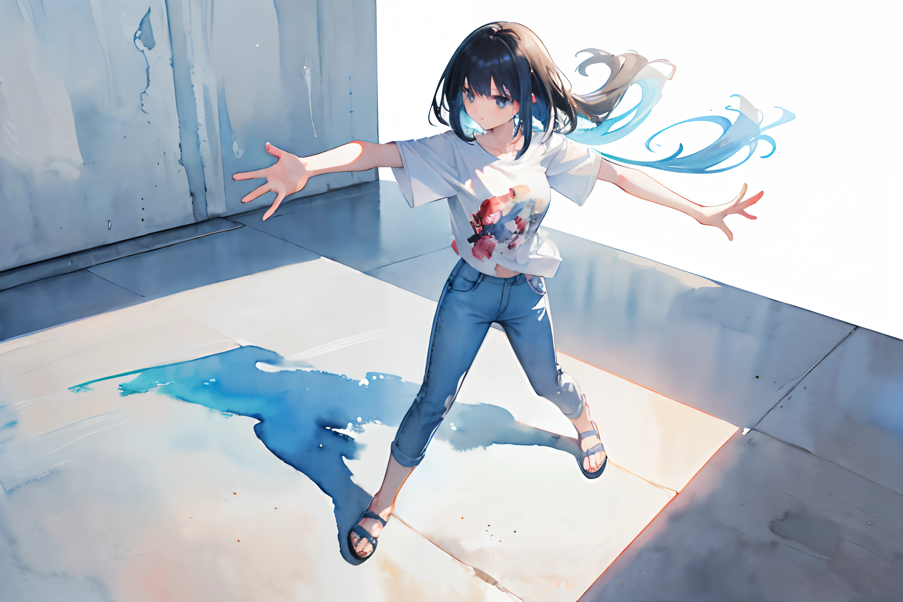 ((masutepiece)), (Professional Photography:1.2), (High Definition:1.3), Best Quality, (watercolor painting:1.3), from above, wide shot, the beautiful concrete wall, (simple white background:1.10), pale blue, 1girl,  girl, wearing T-shirt and pants, long black hair, dancing