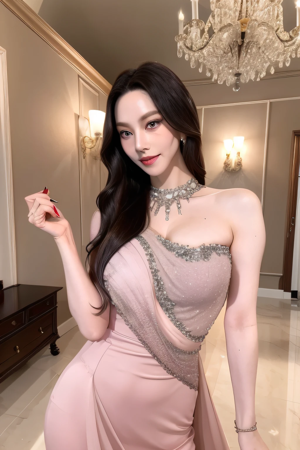 Image characteristics：femele，Young and beautiful，long hair flowing，The face is delicate，The tall and slender figure wears gorgeous costumes。
Hairstyles and facial features：Her long hair is wavy，Streamlined and natural，Hair is shiny，It's beautiful。The facial features are delicate，The eyes are large and bright，Long eyelashes slightly upturned，Apply eyeshadow gently，Bright lipstick。
Physical characteristics：Her shoulders were bare，The lines are smooth and natural，Fair and delicate skin。The body has an S-shaped curve，The body is slender and graceful。
Clothing and accessories：She wore a gorgeous dress，The upper body is designed with an off-the-shoulder design，The hem is designed with a high slit，Show slim leg lines。Accessories include a pair of delicate earrings and a necklace set with gemstones。
Expressions and postures：Her facial expression was slightly thoughtful，Eyes are confused，Slightly upturned lips，Exudes a touch of confidence。The posture is elegant and natural，Stroke the hem of the skirt with your left hand，His right hand gently stroked his hair。
Background and details：In the background is a sumptuous ballroom，It adopts European architectural style，The walls are decorated with frescoes，Ornate crystal chandeliers hang from the ceiling。In terms of details, It is necessary to pay attention to the handling of light and shadow，and the texture of clothing and accessories。