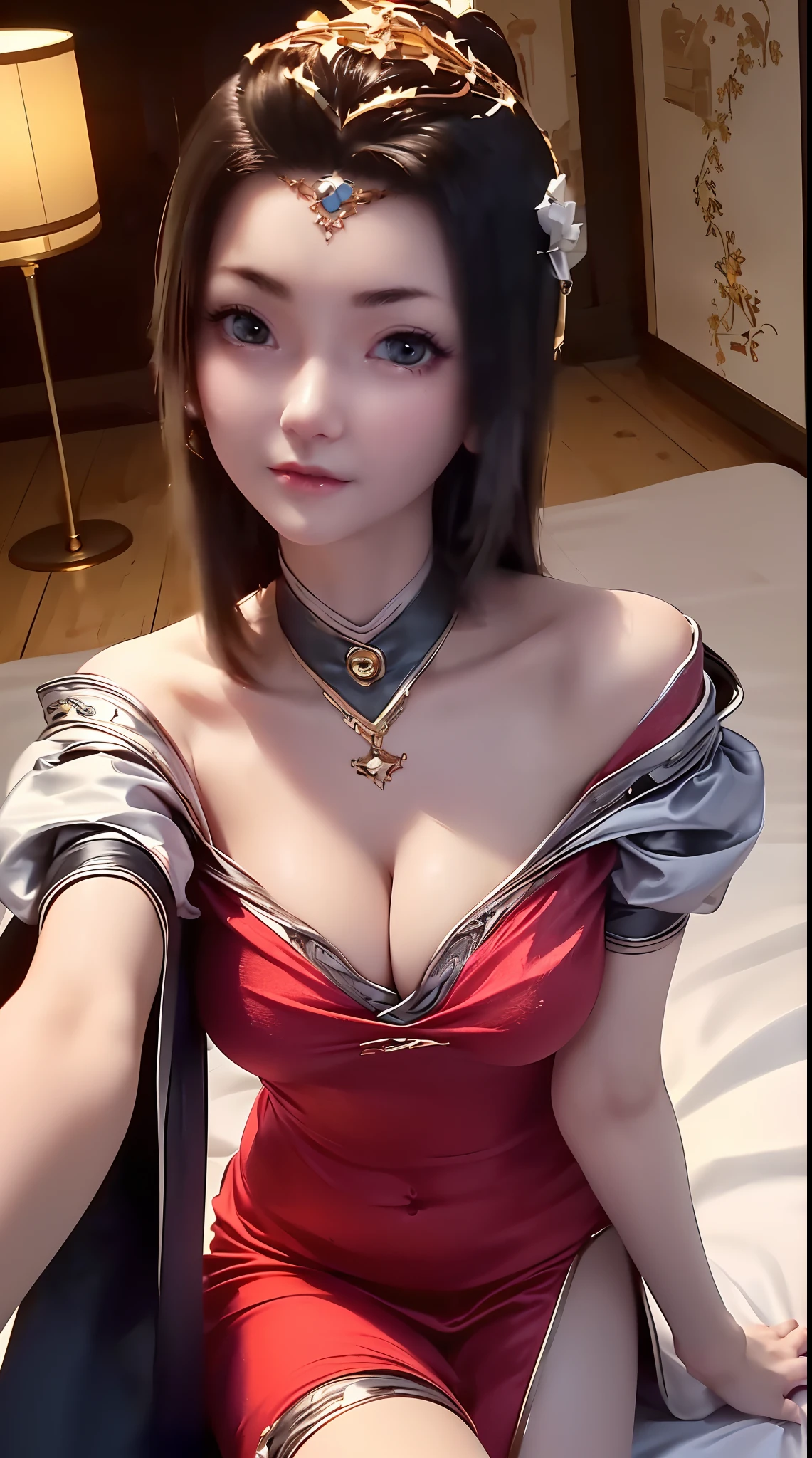 1 extremely beautiful princess, ((wearing a super thin and sexy red short nightgown:1.8)), ((Sexy nightgown with cleavage revealing:1.6)), sexy red lace short nightgown, ((supine position with chest up:1.5)), sexy nightgown style, long shiny black hair, the most beautiful and detailed hair jewelry, beautiful little face thin eyebrows, the most beautiful and spotless face, ((black iris:0.8)), the very beautiful eyes, big round eyes, ((Brown eyes:1.1)), fine and detailed makeup eyelashes, high nose, wearing earrings, small red lips, rosy face, clean face, beautiful face without blemish, smooth white skin, ((big breasts: 0.9)), Blums boobs, ((big and super round breasts:0.9)), ((super tight breasts:1.2)), ((breast augmentation: 0.8)), beautiful breasts, slim and petite body, ((thin waist: 0.9)), upper body of a beautiful girl, sexy girl, ((Open your legs: 1.6)), unashamed, ((chubby body:1.6)), 8k photo, super high quality, super realistic, 10x super pixels, photo realistic, dark studio, border light, two tone light, (detailed skin high: 1.2), 8k uhd, dslr, soft light, high quality, volumetric light, candid, Photo, high resolution, light, best photo, 4k quality, 8k, Bokeh, Smooth and sharp, pixel up 10 times, lightning, super graphics, the most realistic graphics, (((Luxurious bedroom and bed background: 1.6))), there is only 1 girl, alone, solo, ((frontal portrait:1.5)), Extremely sharp, super realistic images."
