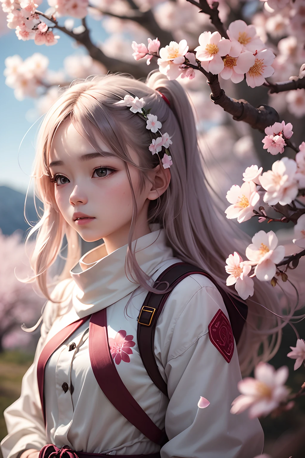 The girl in white stood on the top of the mountain and looked into the distance,There is a cherry blossom tree next to it,Full of cherry blossoms,Then the petals flutter in the wind。真实感,Texture。