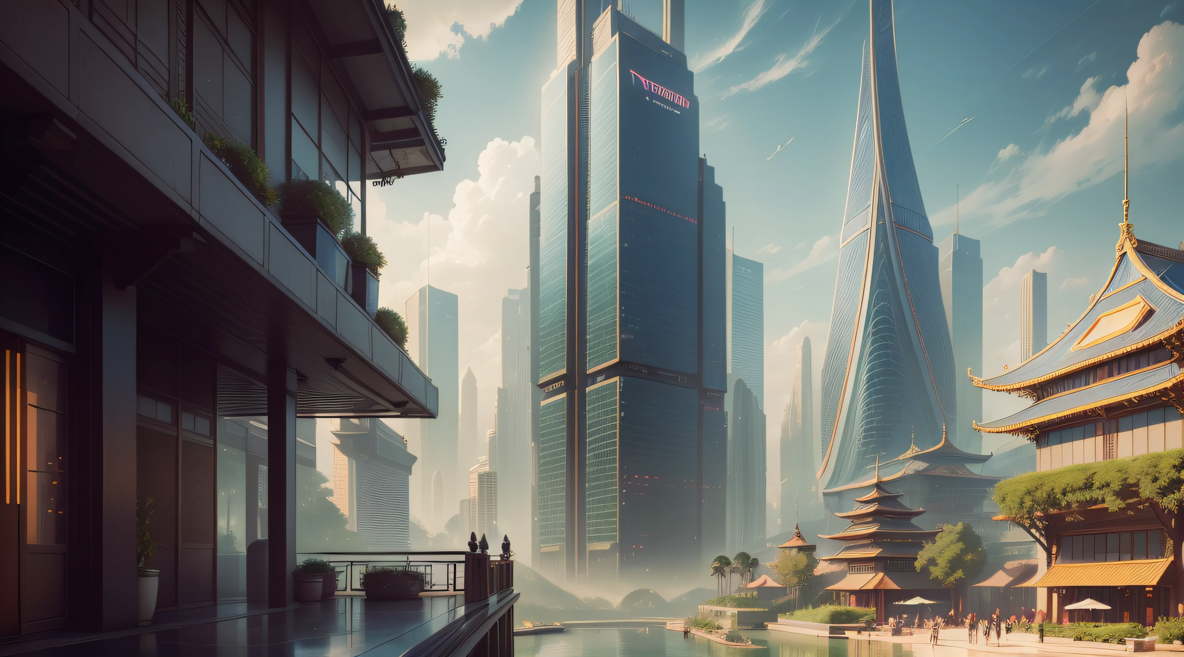 (top-quality,tmasterpiece,超A high resolution8K),(cyber punk perssonage,Cidade futuristica),(Dream, sfv),(epcot),(skyscrapper),{The Chinese courtyard blends with futuristic architecture}