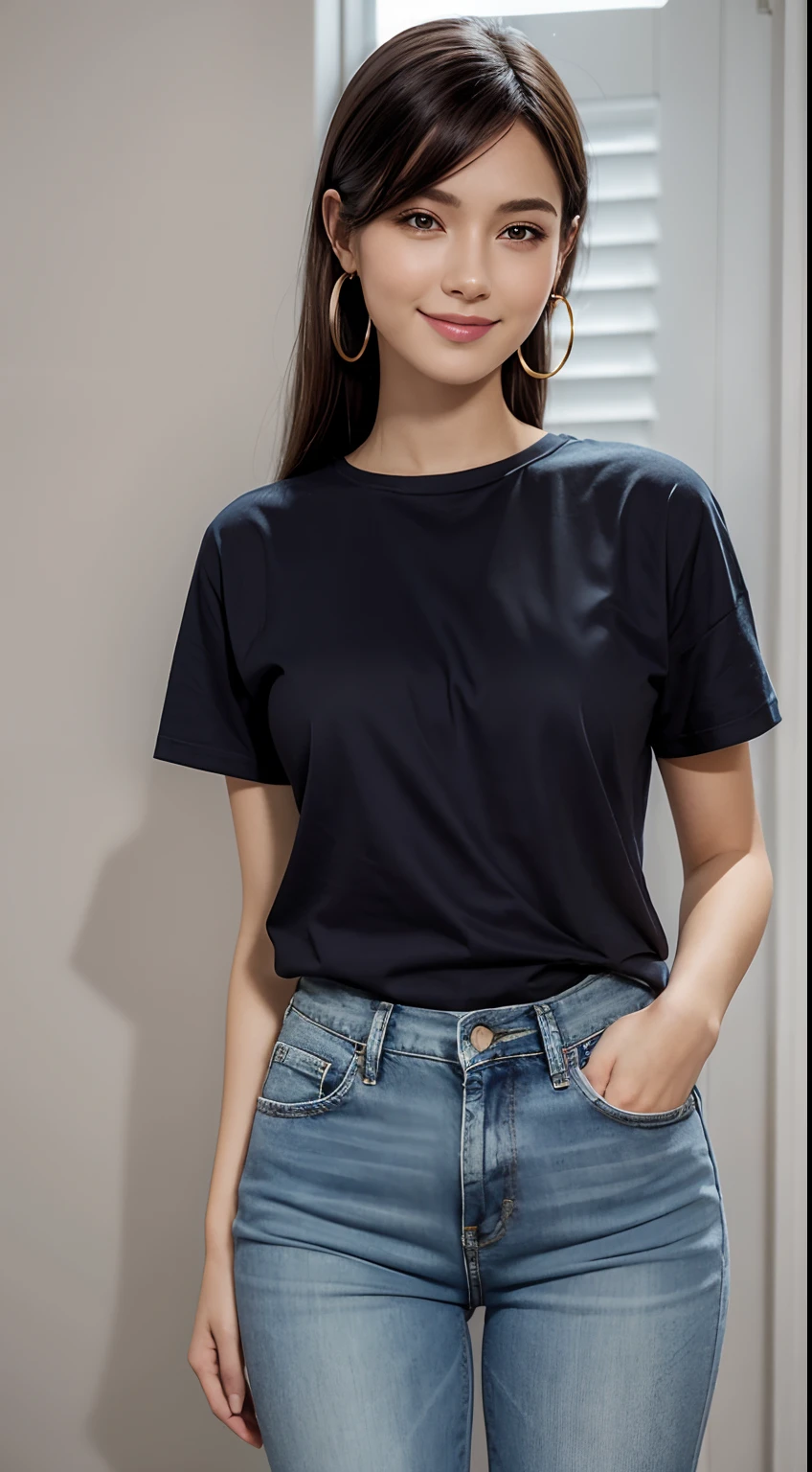 For a t-shirt mockup design, caucasian woman, top of the head to the waist, hands tucked into her clean blue jeans pockets, twenty years old, dark straight hair, happily smiling, closed lips, pointed nose, facing the front, standing with her hands on her waist, wearing a high-quality pink colored t-shirt with no designs and no text, and clean blue jeans, for a mockup design, plain pink t-shirt, with a focus on the high-resolution texture and details of the clothes. The woman is standing in an all white room with a white background, with a shadow effect adding depth to the image, Hyper realistic , ultra detailed, full lips. Front facing, golden hoop earrings, ultra detailed, ultra accurate detailed, mascara and long eyelashes, Shot with canon EOS RI camera at 50 mm focal length with a 1.2 aperture. 4k. Heavy makeup and a coy expression. 8k, best quality, masterpiece, realistic, ultra detail, photo realistic, hyper realistic, smoother lighting, increase cinematic lighting quality, realistic lighting, backlighting, brightening light, Increase quality, best quality real texture skin, slender, cute face, smile, beautiful details eyes, pretty, Drill hair with electric blue color