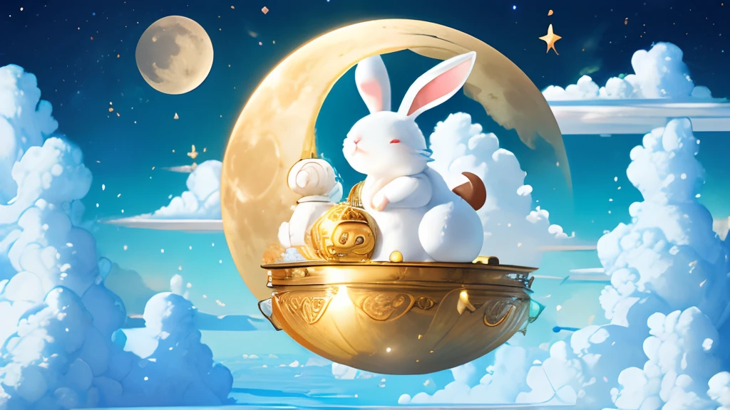 the huge moon,Big and round,Hang in the sky,There is a magnificent palace in the clouds,splendid,Around the clouds,Many little bunnies,A big rabbit,Holding mooncakes,Jump high,fantasy,k hd,4K,