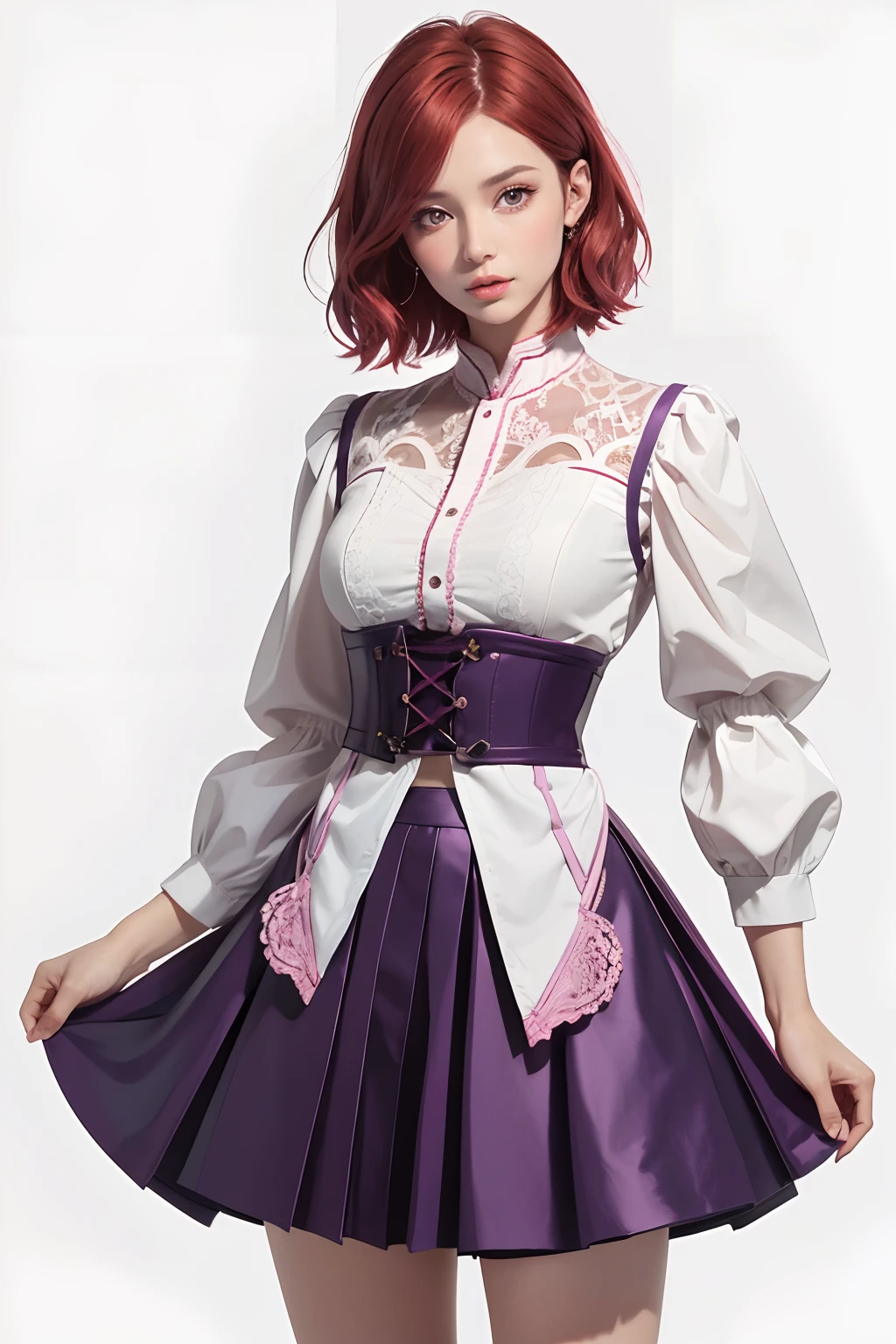 A beautiful woman, 32 years old, Short red hair, shimmering brown eyes, with , with a purple and pink blaser, Skirt, and white background, Intricate details,
