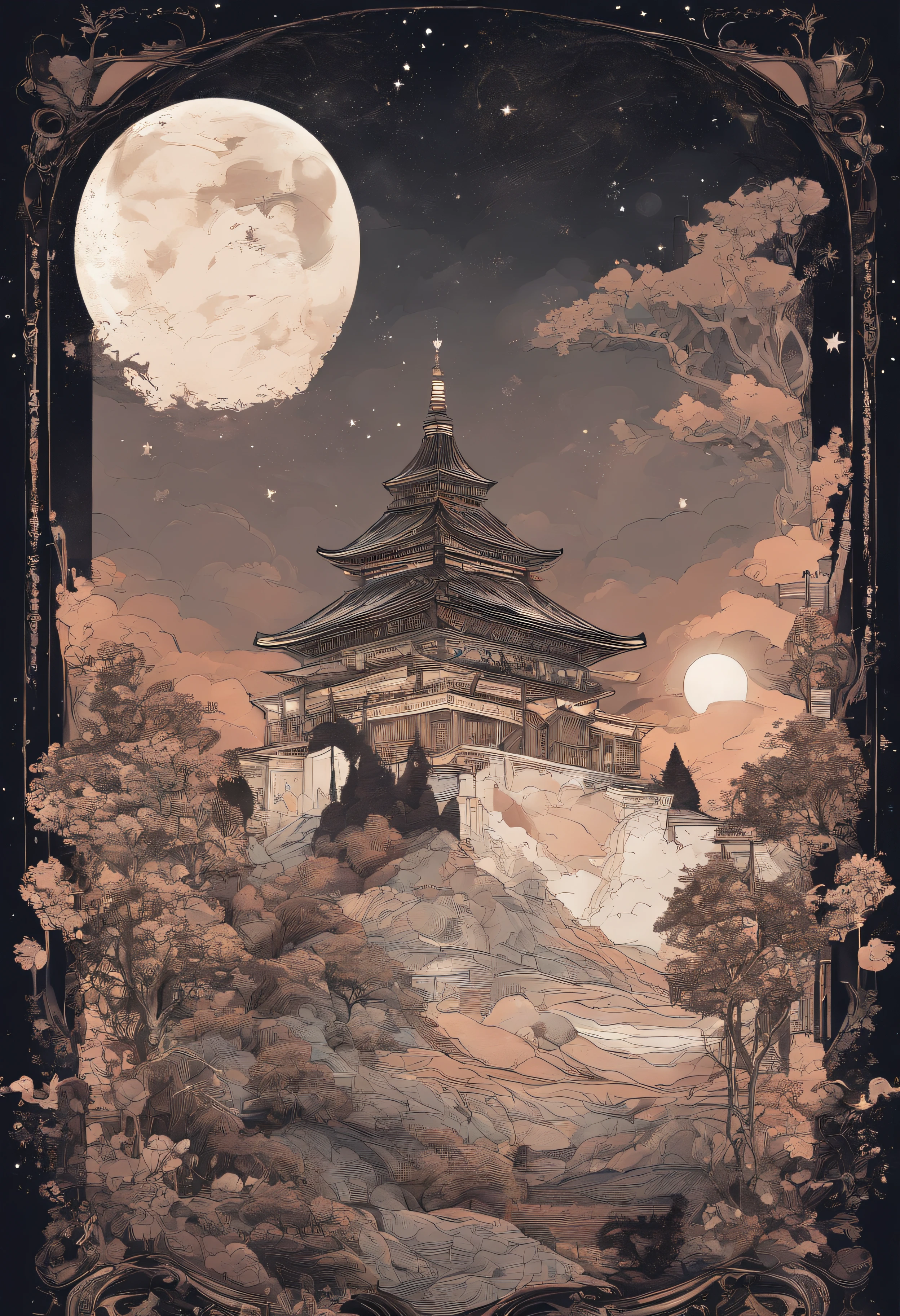 Starry sky with clouds and trees Warm colored moon with reddish-brown panda bear as the main character