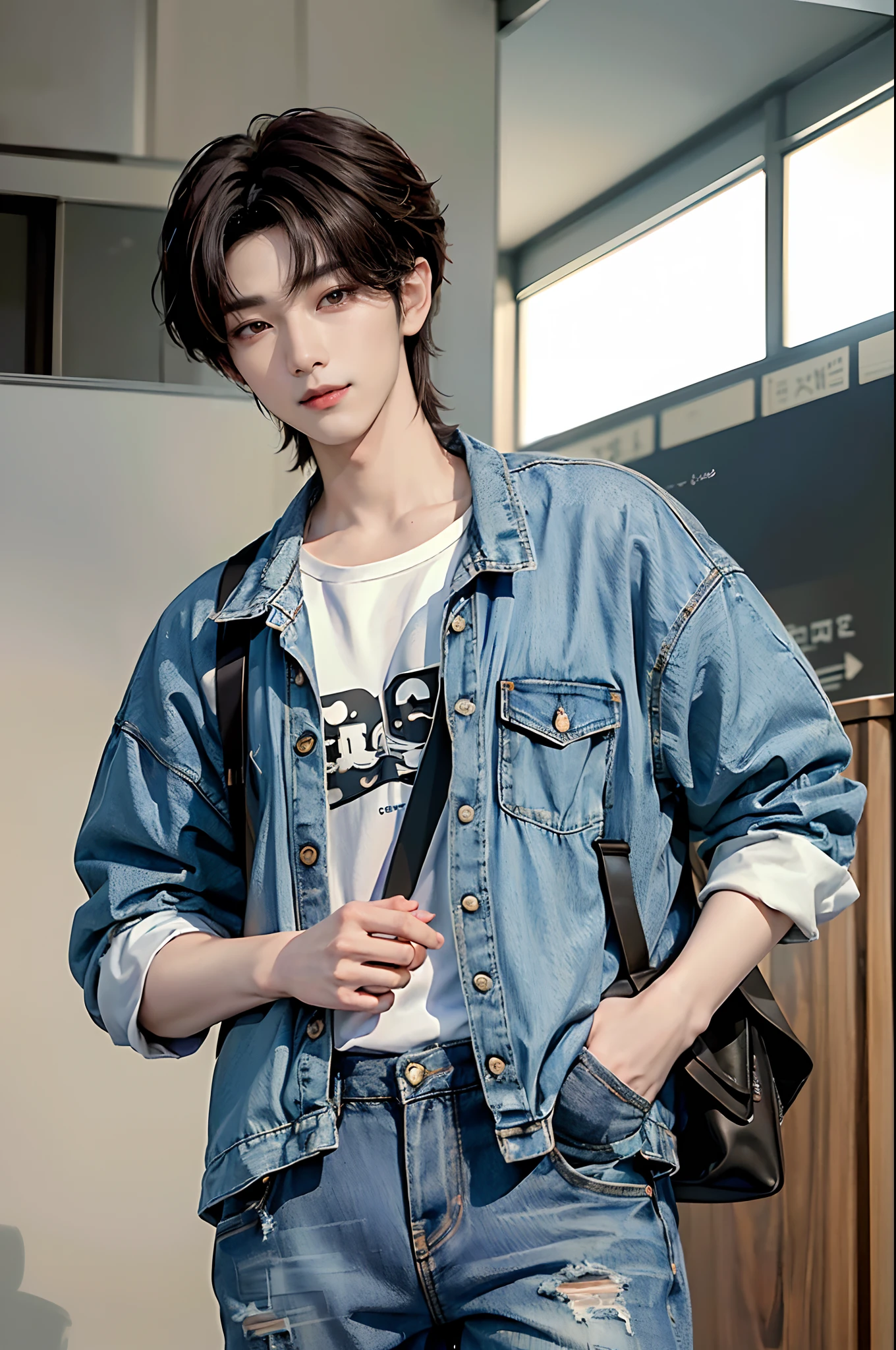 ((4K works))、​masterpiece、（top-quality)、((high-level image quality))、((One Manly Boy))、Slim body、((Jeans Fashion))、((Men's Fashion))、((Carry a backpack and passport in hand))、(Detailed beautiful eyes)、At the airport、Face similar to Chaewon in Ruseraphim、((short hair above the ears))、((Smaller face))、((Neutral face))、((Light brown eyes))、((Korean boy))、((18year old))、((Handsome man))、((Smiling expression))、((Korean Makeup))、((elongated and sharp eyes))、((photo of a model))、((Like a celebrity))、Professional Photos、((Shot alone))、((Walking around the airport))、((He's a lot of people々Walking sideways))、((shot from a side angle))、((Wave to viewers and fanservice them))