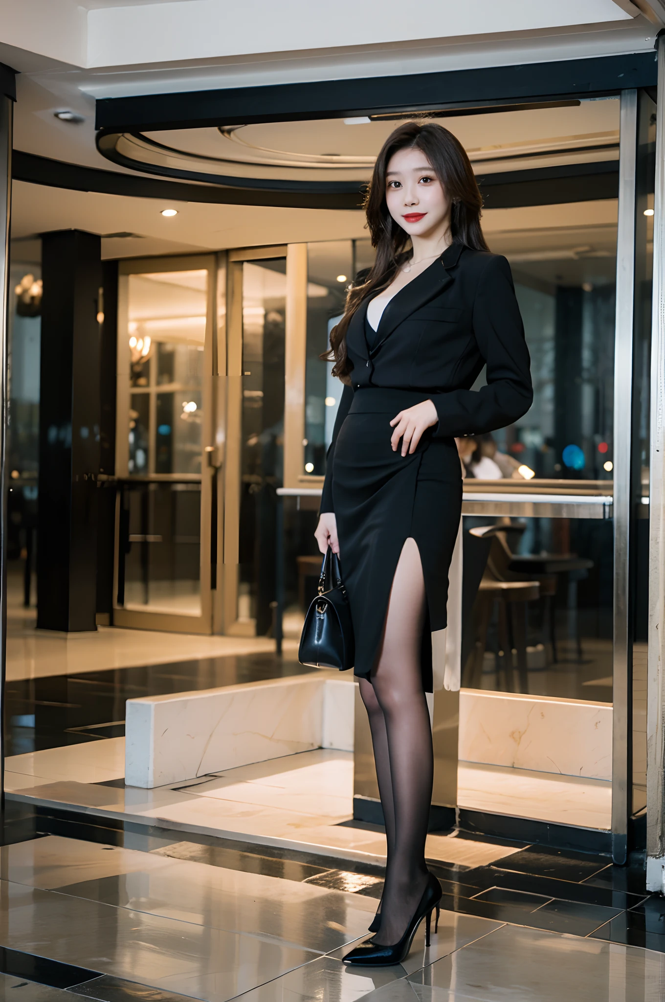 Best quality,Masterpiece,超高分辨率,(Realisticity:1.4),Original photo,Cinematic lighting,
1girll,Smile,Ocean,Pantyhose，Stiletto heels，Leather skirt，huge tit，largeeyes，standing on your feet，in mall