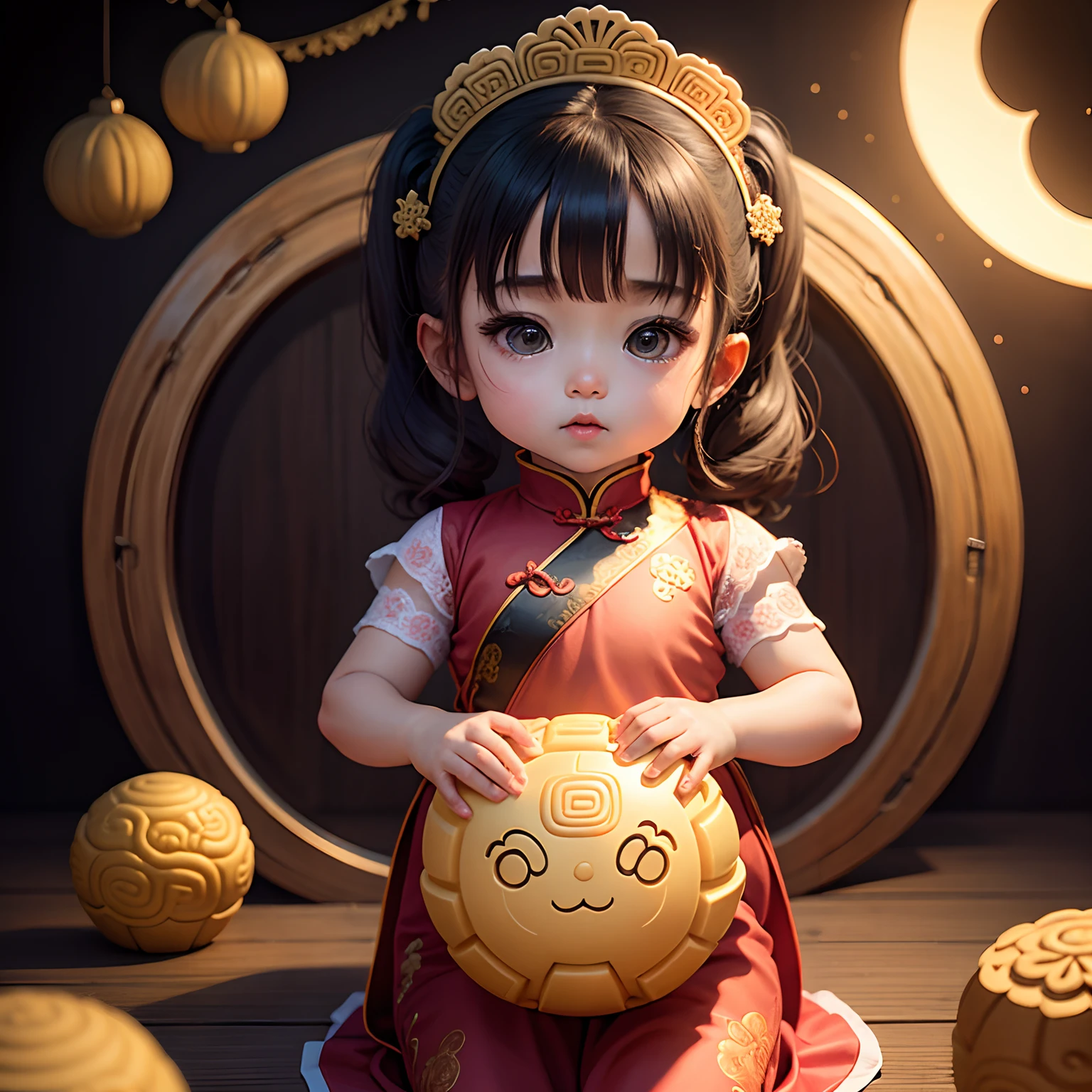 Cute  holding mooncake girl cheongsam ball head