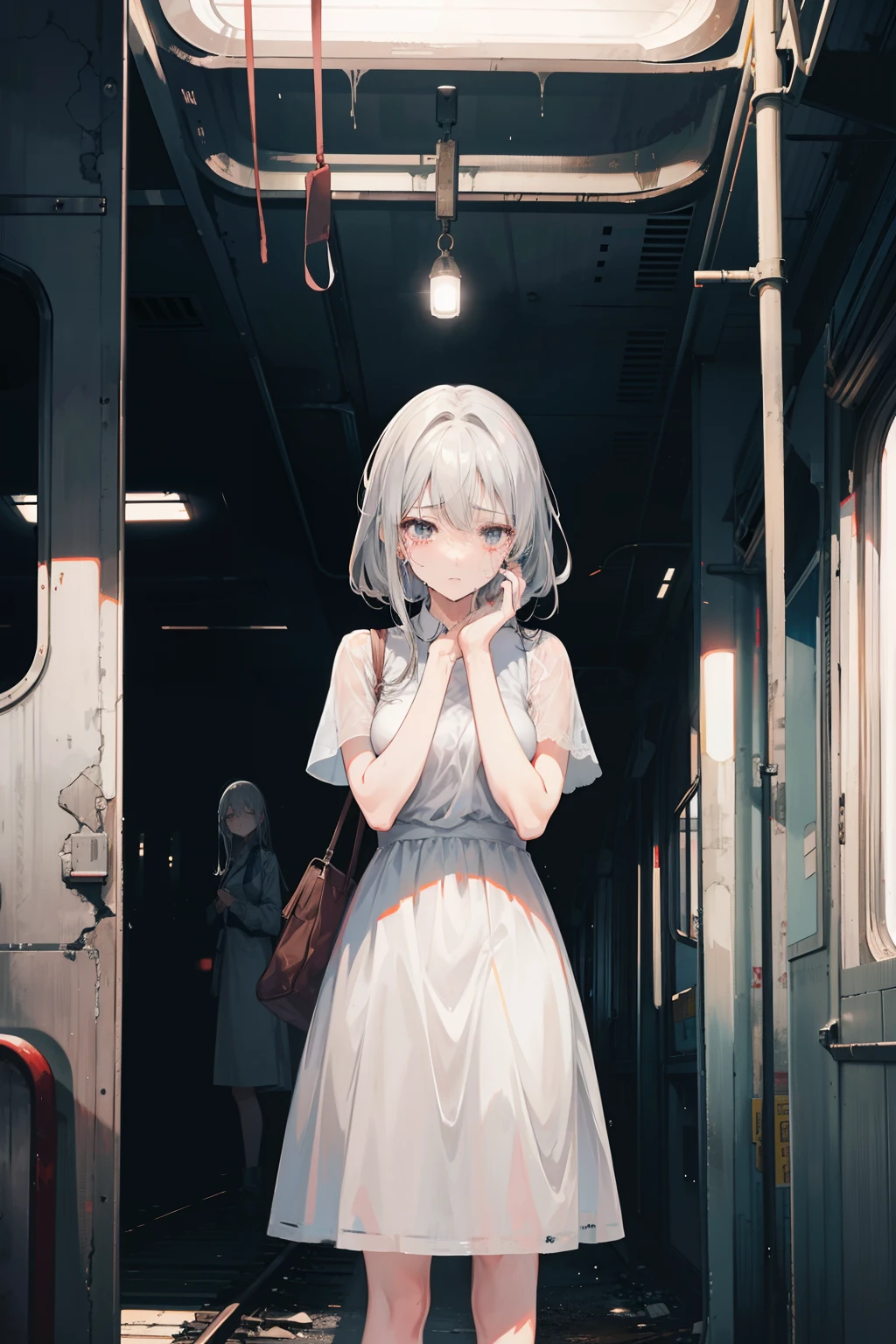 tall and mature anime girl, long gray hair, gray eyes, in a plain white dress, crying clasping her face, crying, standing in an abandoned train station, dark, rainy, good anatomy, 8k, high res
