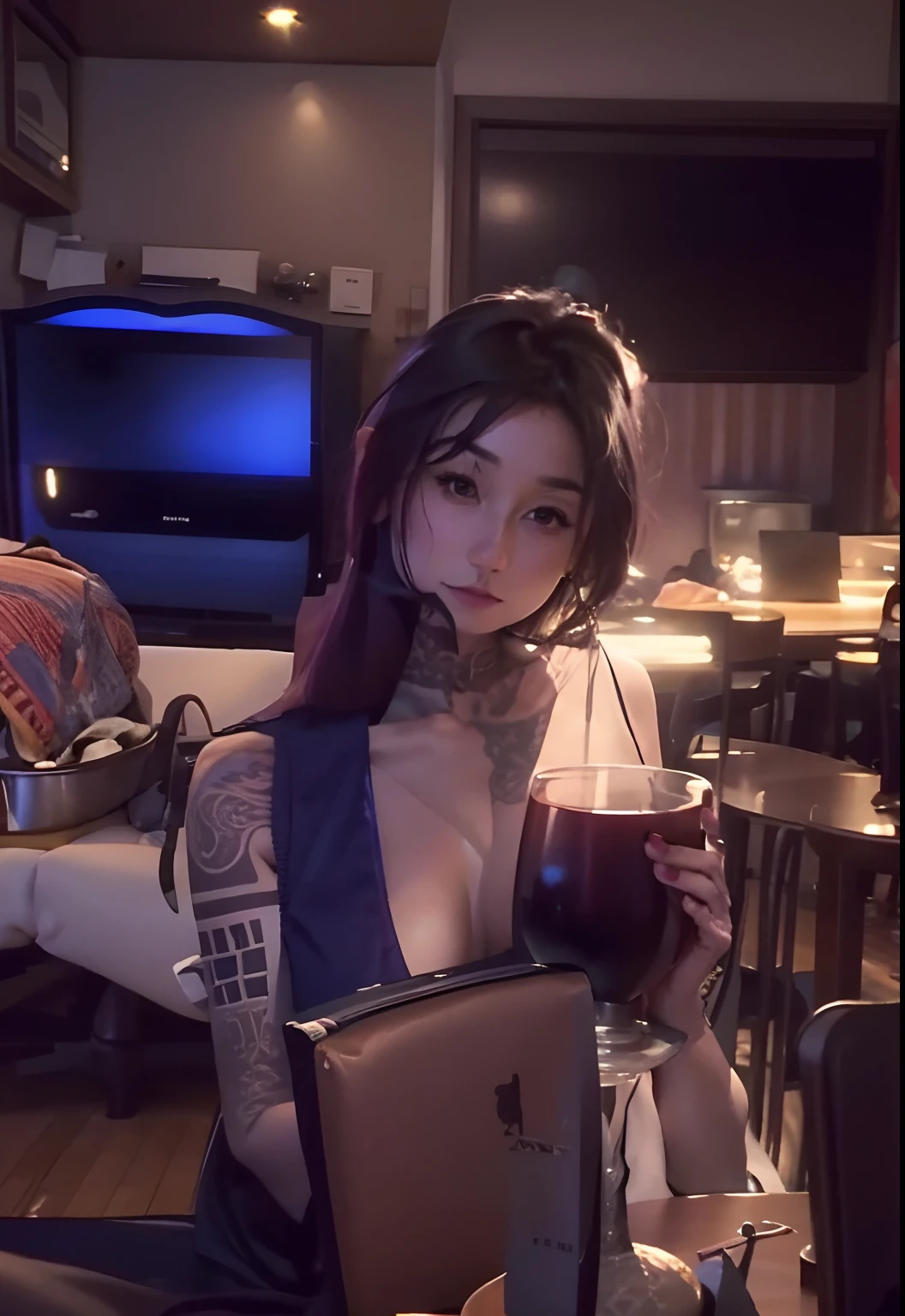woman sitting at a table naked with tattoo sleeves large breasts a laptop and a glass of wine, very very low quality picture, deep in thought, at a dinner table, looking to the side off camera, low quality video, low quality photo, having an awkward dinner date, taken in the early 2020s, looking away from viewer, low quality footage, sitting at table