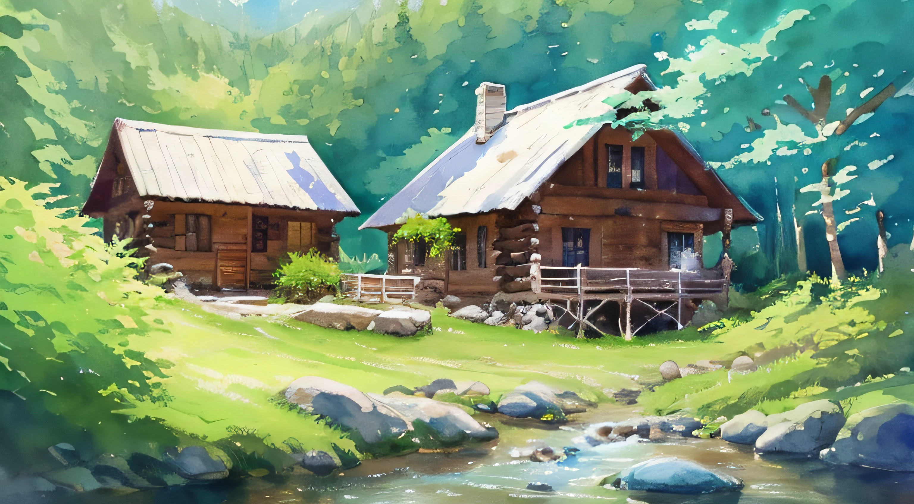 painting of a cabin in a mountain stream with a waterfall, children play around cabin, 4 k watercolor painting, beautiful painting, 4 k, cottage in the forest, beautiful watercolor painting on paper, beautiful digital painting, smooth oil painting, beautiful art uhd 4 k, 8 k hd detailed oil painting, oil digital painting, Inspired by Thomas Kinkade.