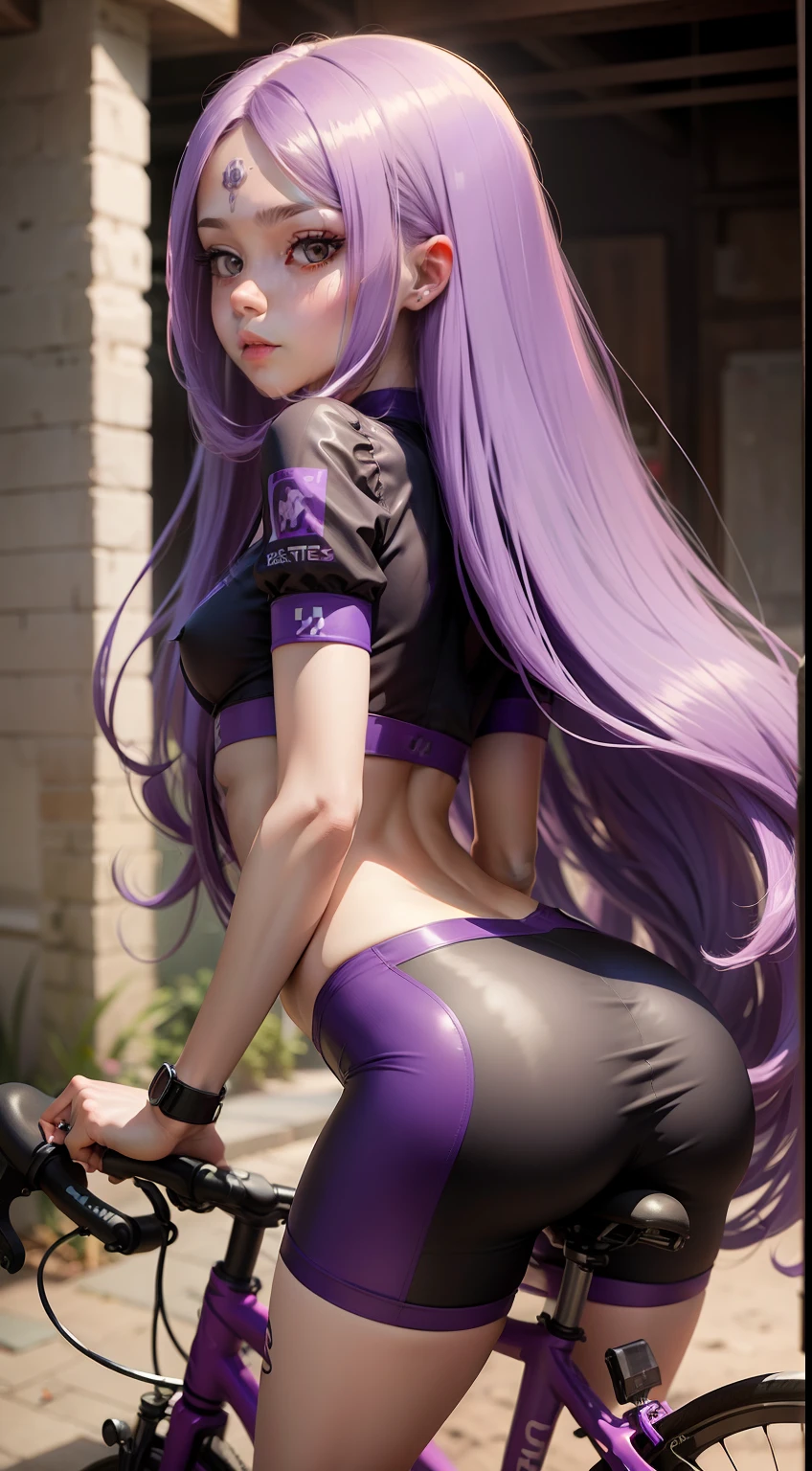 Girl with long purple hair, Slim, cuteface, little chest,  in bicycles, ass