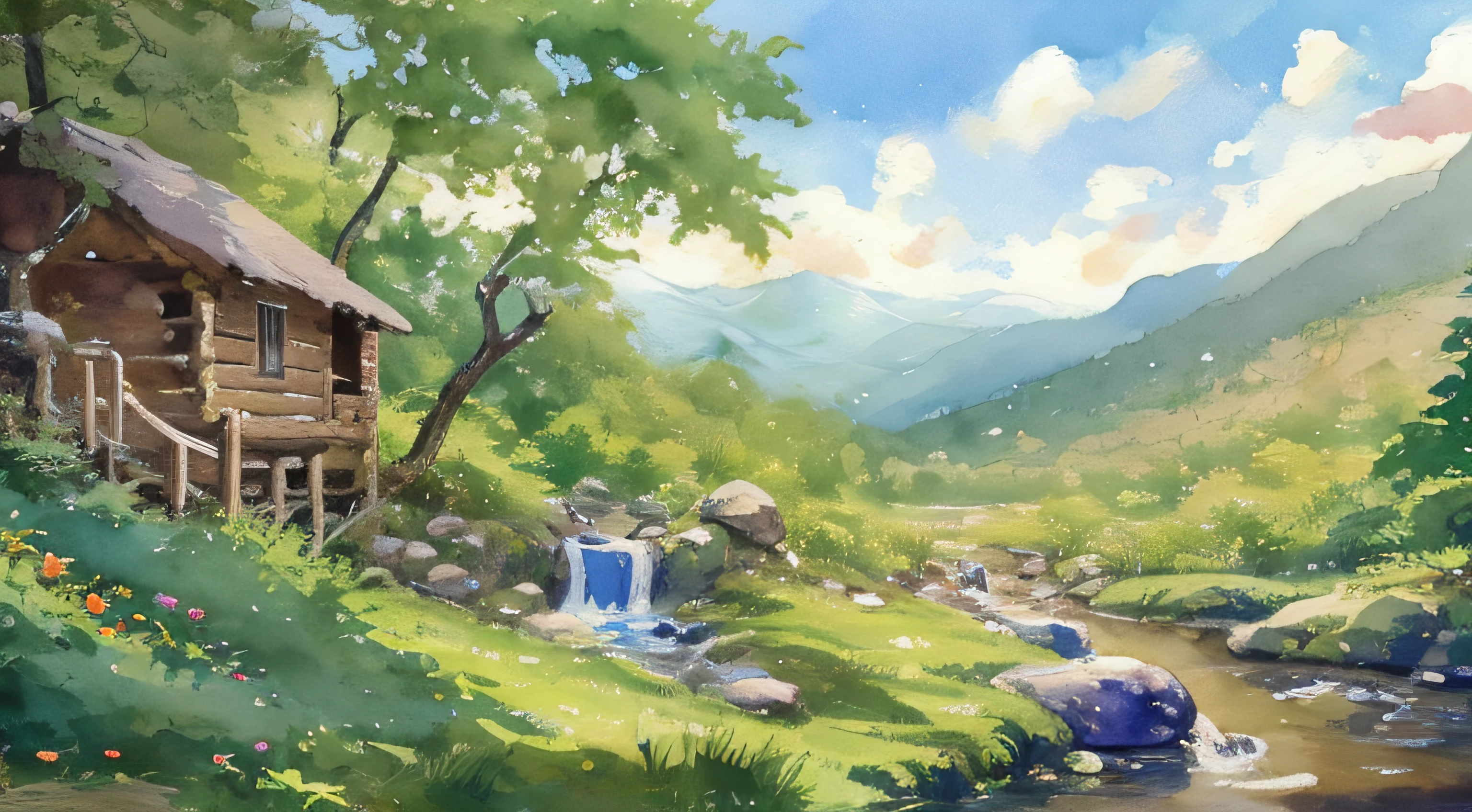 painting of a cabin in a mountain stream with a waterfall, children play around cabin, 4 k watercolor painting, beautiful painting, 4 k, cottage in the forest, beautiful watercolor painting on paper, beautiful digital painting, smooth oil painting, beautiful art uhd 4 k, 8 k hd detailed oil painting, oil digital painting, Inspired by Thomas Kinkade.