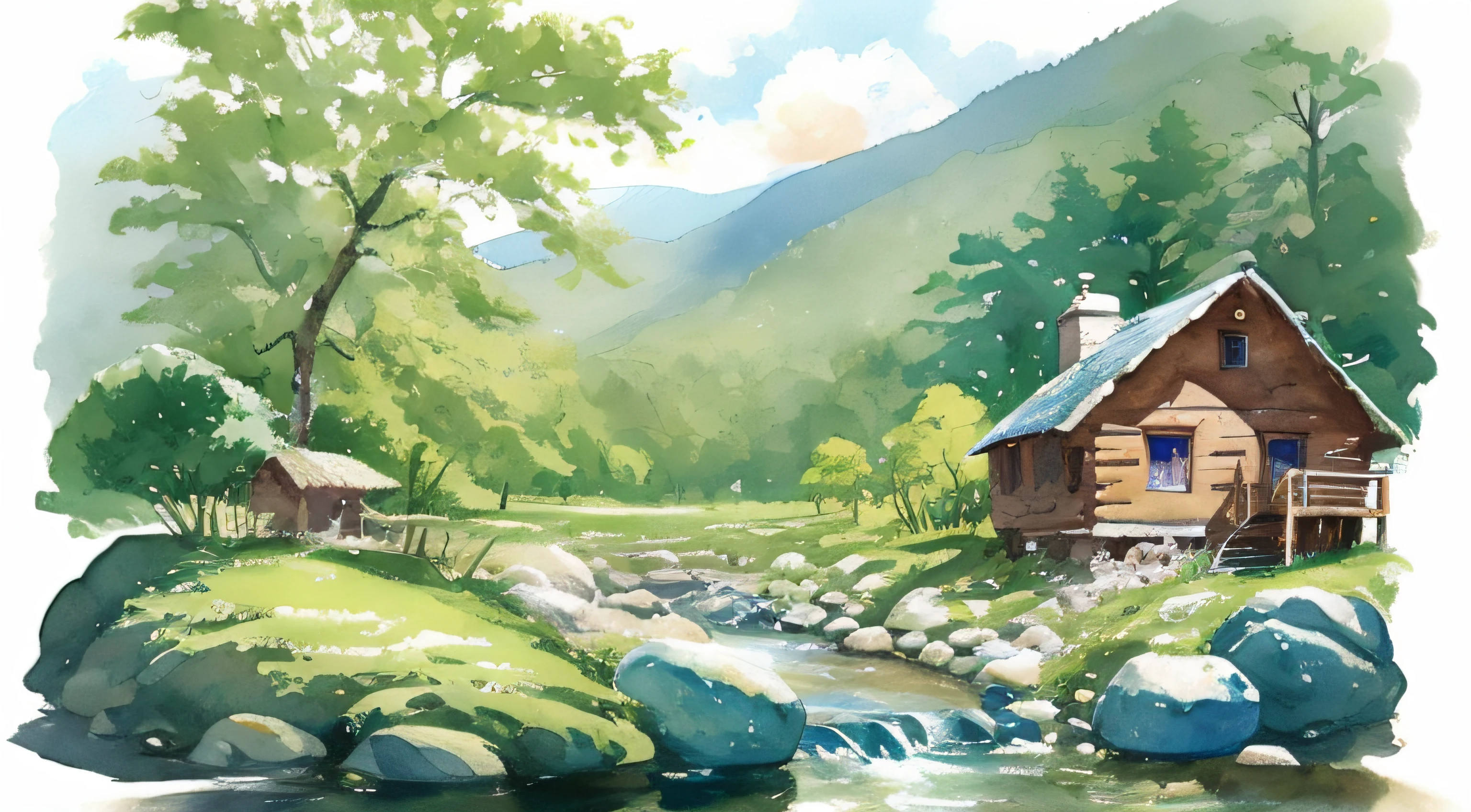 painting of a cabin in a mountain stream with a waterfall, children play around cabin, 4 k watercolor painting, beautiful painting, 4 k, cottage in the forest, beautiful watercolor painting on paper, beautiful digital painting, smooth oil painting, beautiful art uhd 4 k, 8 k hd detailed oil painting, oil digital painting, Inspired by Thomas Kinkade.