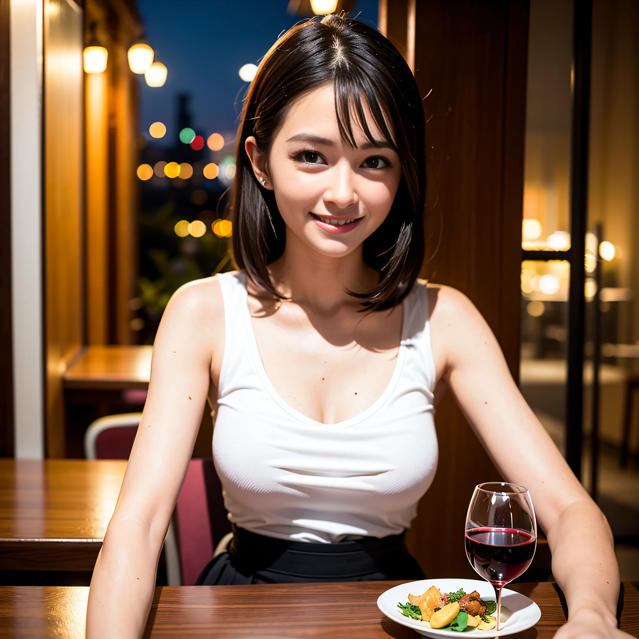 Adult Female, Mature, shy, blushing, short messy dark red hair, shoulder length hair, beautiful make up, dress, sitting in front, dinner table, fancy resturant, table with wine, night time, window seat view, highly detailed, best detail, excellent detail, perfect anatomy, perfect hands, perfect fingers