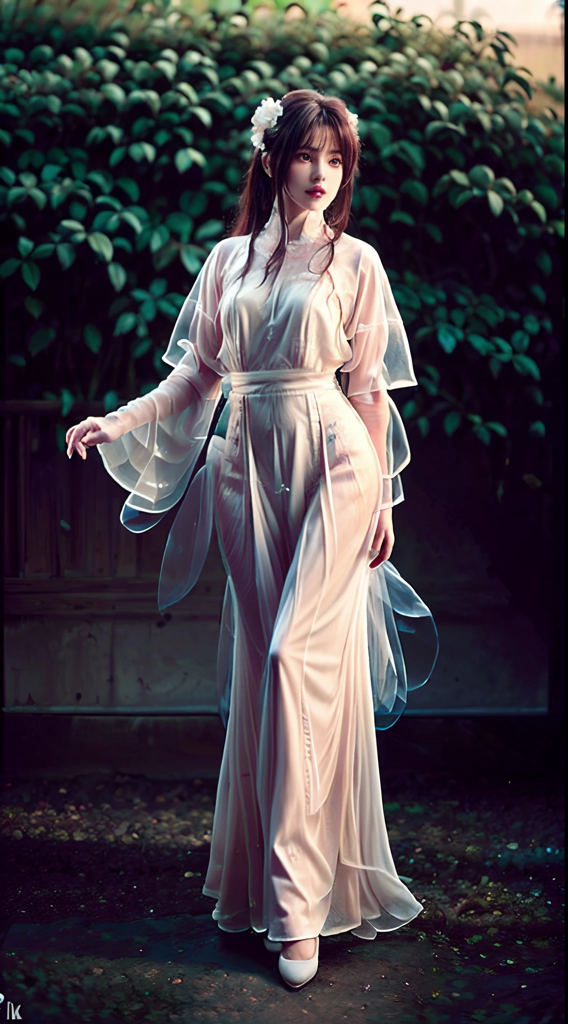 (Best quality,4K,8K,A high resolution,Masterpiece:1.2),Ultra-detailed,(Realistic,Photorealistic,photo-realistic:1.37),sportrait,Women,Long flowing hair,Off-white iris,vacant gaze,Plump pink lips,The ends of the hair have white flowers,Graceful figure,Medium shot,Black dress.Delicate long legs