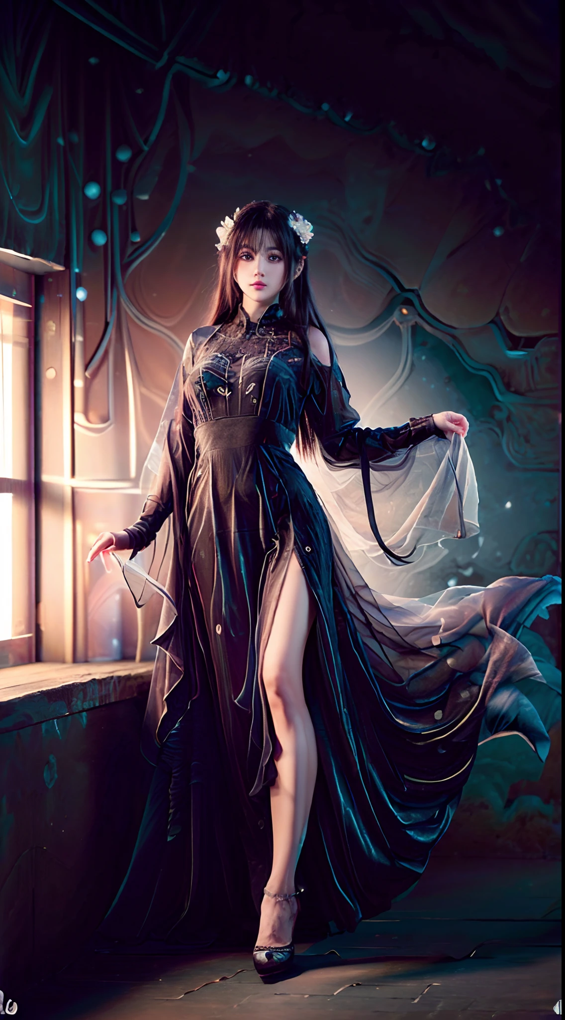 (Best quality,4K,8K,A high resolution,Masterpiece:1.2),Ultra-detailed,(Realistic,Photorealistic,photo-realistic:1.37),sportrait,Women,Long flowing hair,Off-white iris,vacant gaze,Plump pink lips,The ends of the hair have white flowers,Graceful figure,Medium shot,Black dress.Delicate long legs
