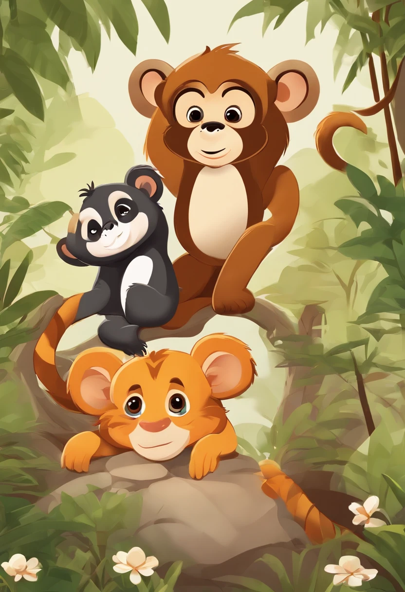 Cute mixed forest animals like clipart of monkeys,Elefat, Panda and tiger stickers,Multiple facial expressions, Many gestures, style cartoon, colours, Two-dimensional, planar vector, Character design, T-shirt design, Stickers, Colorful splashes, and T-shirt design, Studio Ghibli Style, soft tetrad color, vectorial art, Fantasy art, Watercolor effect, Alphonse Mucha, Adobe illustrator, Digital painting, low polygon, Soft lighting, Aerial view, Isometric style, retro aesthetic, white backround, 8K resolution, rendering by octane