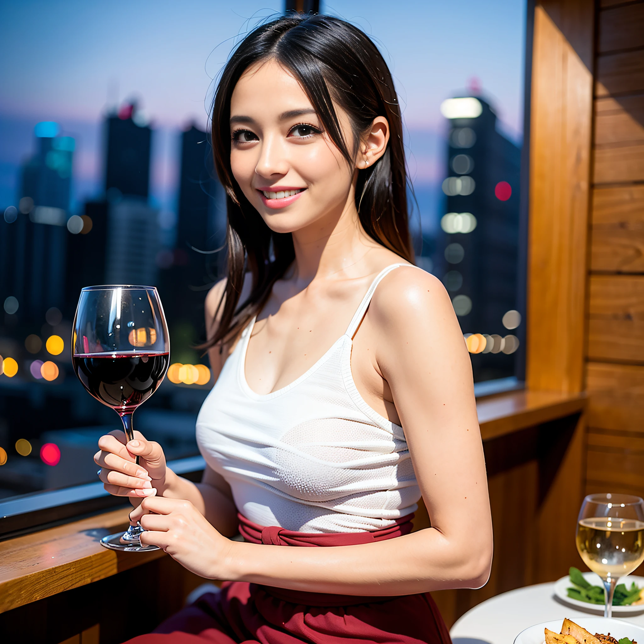 (64K, UHD, top quality, masterpiece: 1.2), (realistic, photorealistic: 1.37), super detailed, pretty woman 1 person, (slim face), (slim body), (brown hair), (short cut), cheeks slightly blushing, (44 years old), 38 years old, solo, beautiful detailed urban night view outside the window, restaurant, wine glasses sit, at night, in a prominent placeNovaFrogStyle, Actress, Model, Waist Up, White Wine, Slim, Wine Glass, Super Clean Night View, Wine Glass Put in the Middle, Happy Smile, (Smile: 1.15), Beautiful Fine Eyes, Upper Body, Bust Japan Up, Night, Short, Short, Actress, Model, Waist Up, White Wine, Slim, Wine Glass, Super Clean Night View, Wine Glass Put in the Middle, Happy Smile,