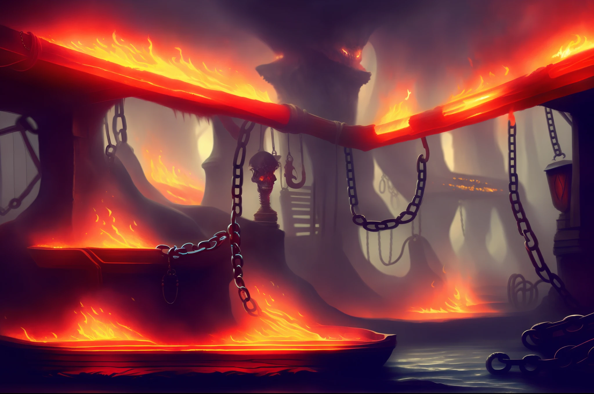 terem of Koshchei The Immortal in Old Russian style, skeleton in chains, fiery river and red-hot iron bridge, dark fantasy