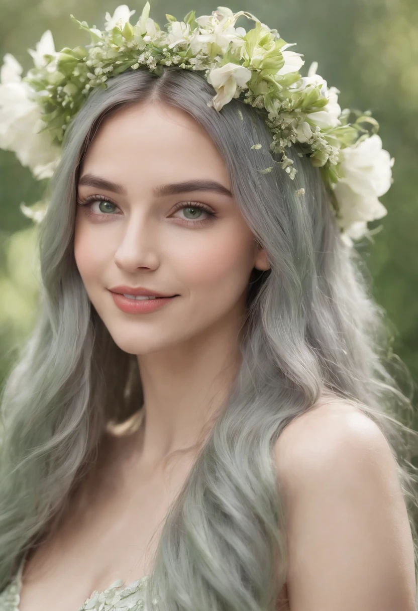 (Masterpiece) 8K resolution, fairy queen, Beautiful blooming flowers, Green straight hair, browneyes, Gray-gray eyes, Smile, Fantasy style,