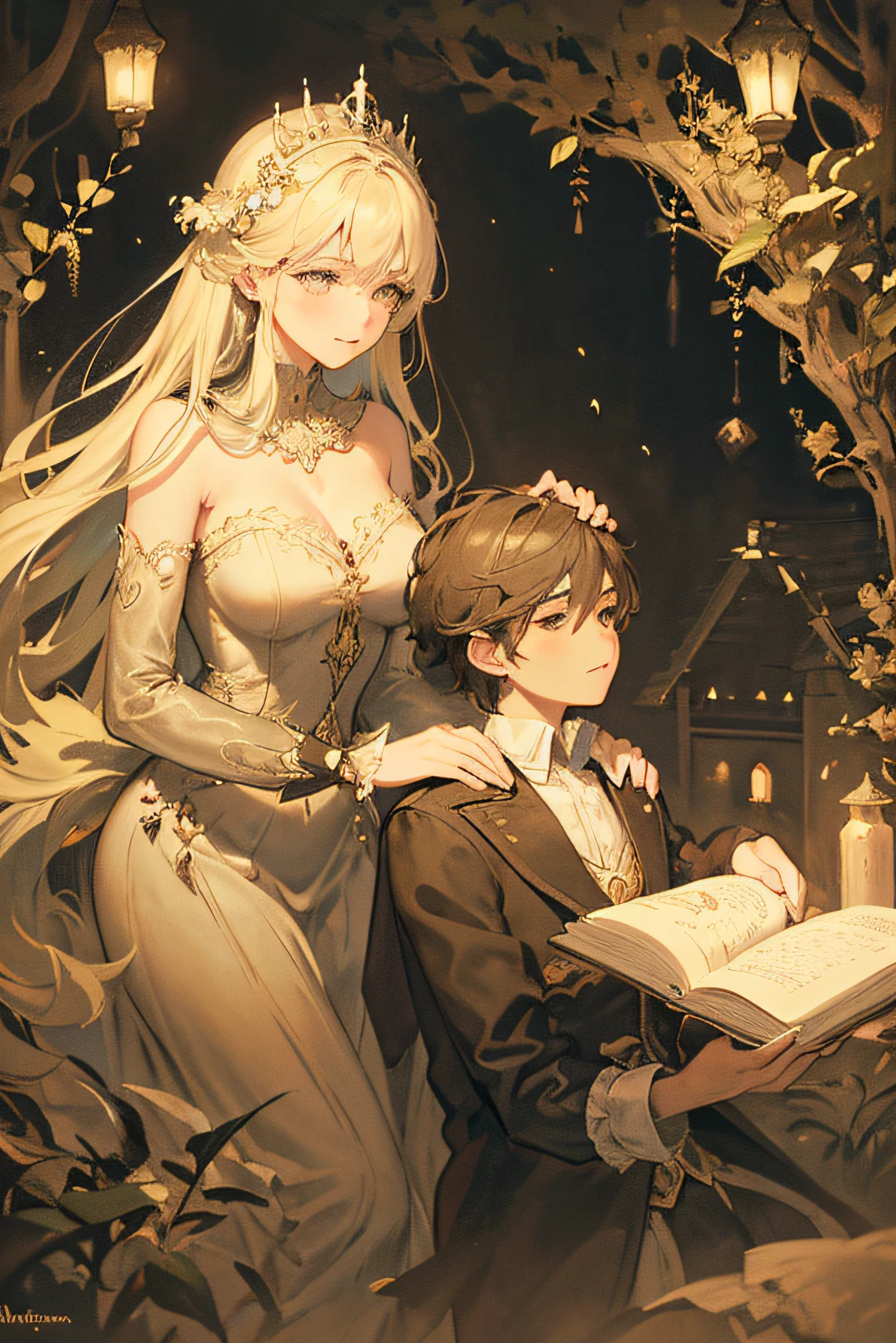 "A romantic, hand-drawn illustration of a love story set in a whimsical, fairytale kingdom. The lovers, a prince and a princess, dance in a moonlit courtyard adorned with ivy-covered arches and enchanted lanterns. Their love is palpable, expressed through graceful movements and tender gazes. The art style should resemble the works of Arthur Rackham, with intricate details and a touch of fantasy. Use cross-hatching and pointillism techniques to create a rich, textured appearance. The image should have a vintage, storybook charm with sepia tones and soft, nostalgic lighting."