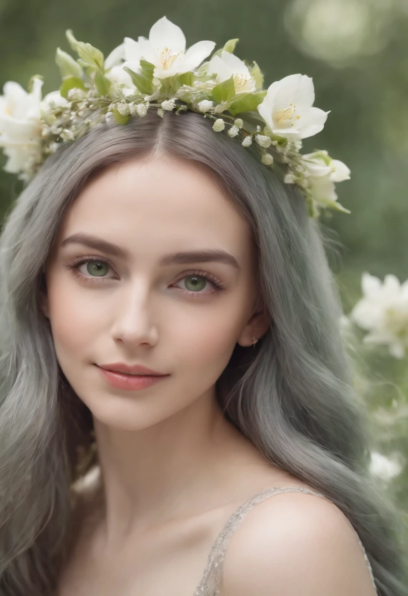 (Masterpiece) 8K resolution, fairy queen, Beautiful blooming flowers, Green straight hair, browneyes, Gray-gray eyes, Smile, Fantasy style,