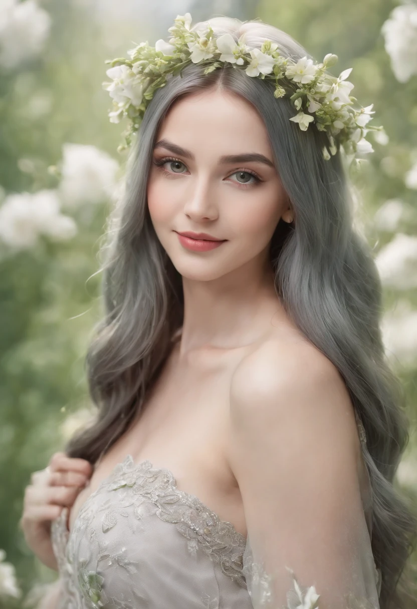 (Masterpiece) 8K resolution, fairy queen, Beautiful blooming flowers, Green straight hair, browneyes, Gray-gray eyes, Smile, Fantasy style,