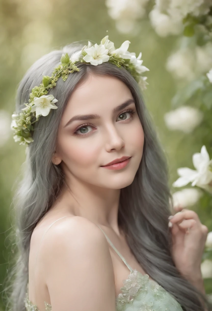 (Masterpiece) 8K resolution, fairy queen, Beautiful blooming flowers, Green straight hair, browneyes, Gray-gray eyes, Smile, Fantasy style,