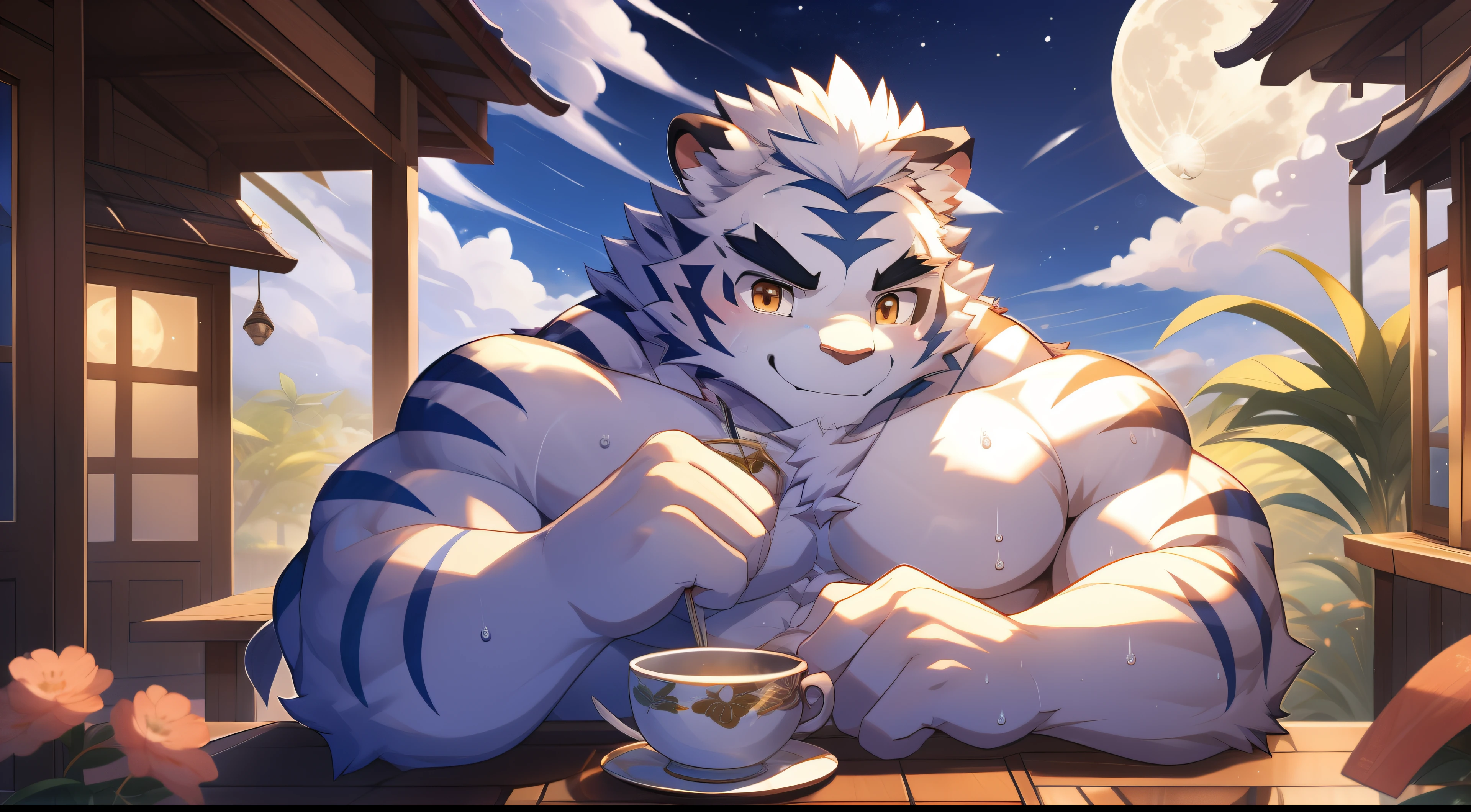 tmasterpiece，the night，Anthropomorphic white tiger，male people，26 year old，thick bushy eyebrows，Light blue fur，Strong body，large pecs，Bare topless，Pink milk clusters，white fundoshi，medium bulge，Sit at the table，drinking tea，A cup of green tea，Moon cake，sweat leggs，ssmile，Be red in the face，looking toward the viewer，Golden pupils，Strong，Solo，frontage，A huge full moon in the sky，Auspicious clouds，Kongming Lantern，courtyard，green plant，blossoms，