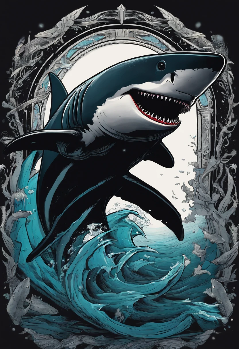 /imagine prompt: shark illustration for a sticker with a black background, in bold outline style, jagged edges, trashcore, light shading --v 5.2