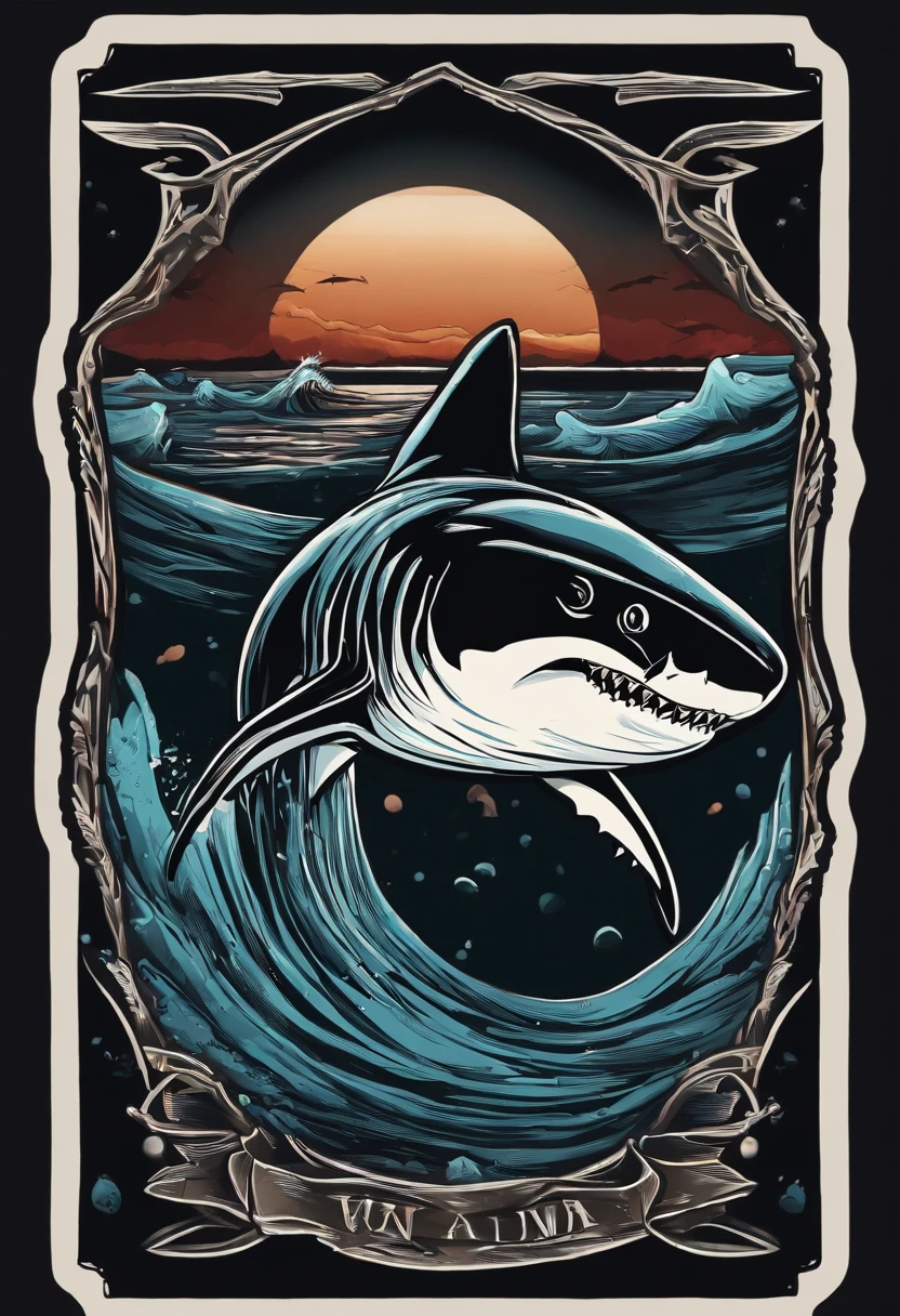/imagine prompt: shark illustration for a sticker with a black background, in bold outline style, jagged edges, trashcore, light shading --v 5.2